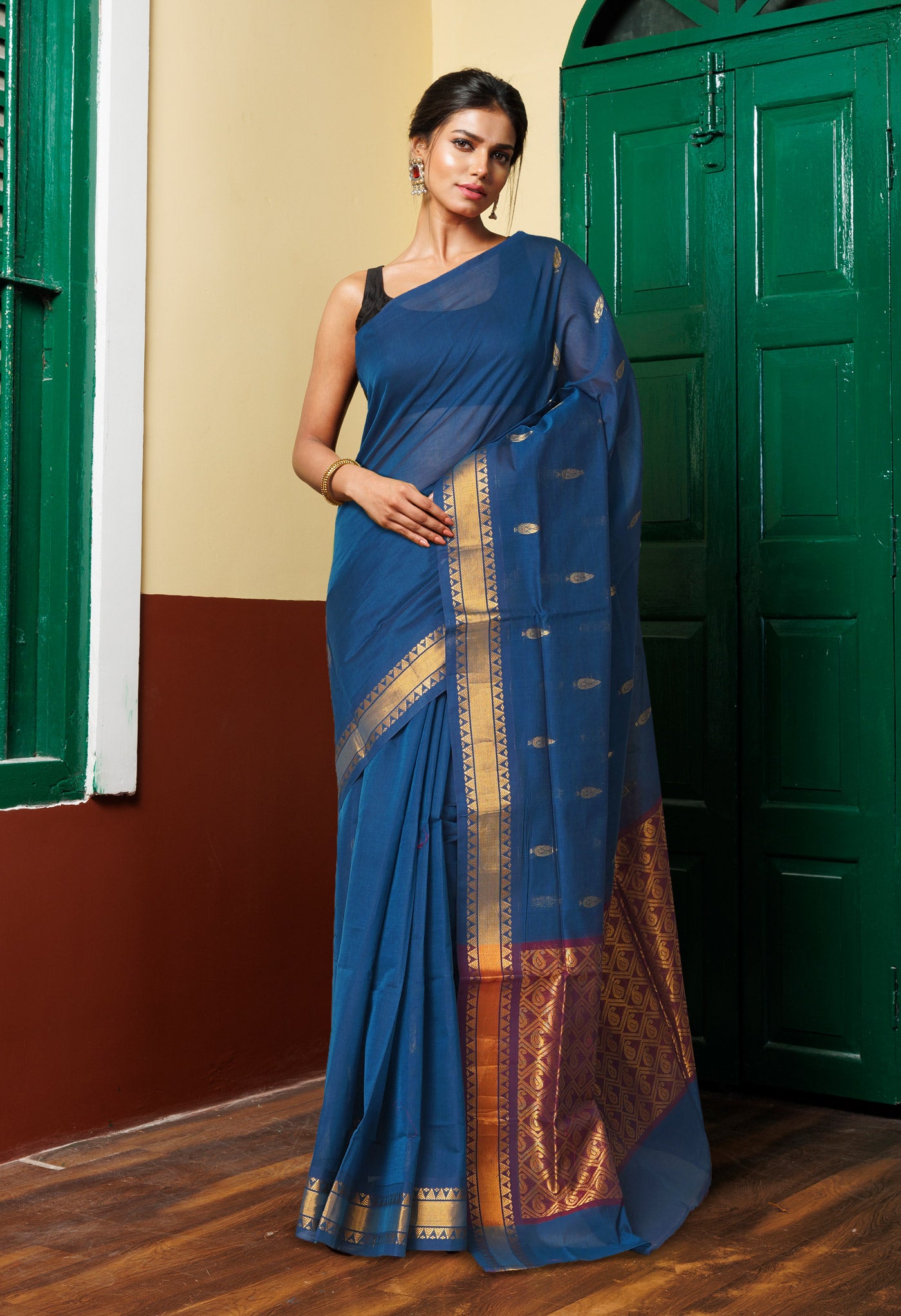 Blue Pure Handloom Mercerized Superfine Gadwal Cotton Saree-UNM74083