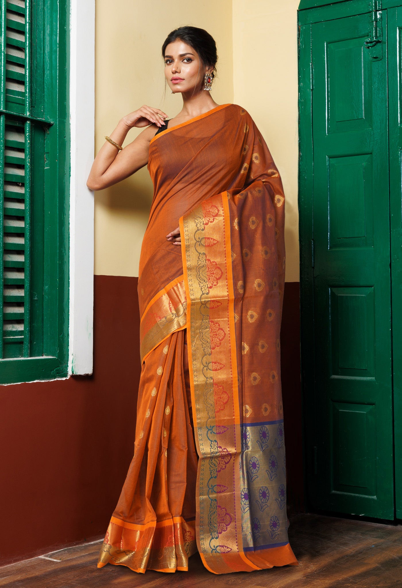 Orange Pure Handloom Meena Mercerized Gadwal Cotton Saree-UNM74106