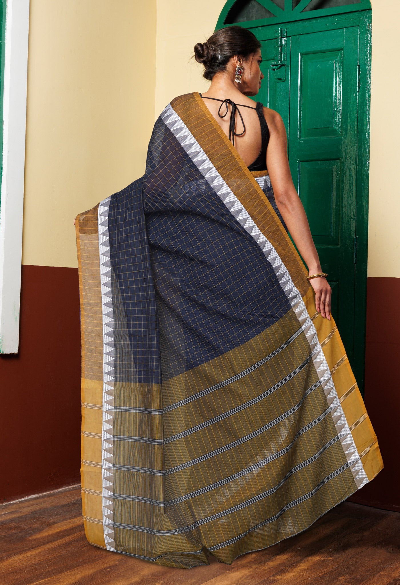 Navy Blue Pure Mangalgiri With Checks Cotton Saree-UNM74153