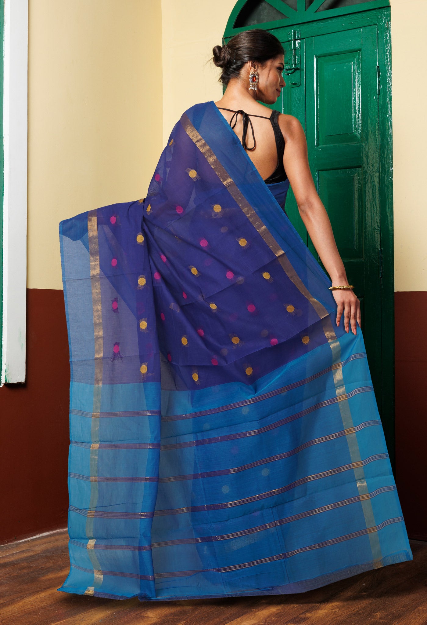 Navy Blue Pure Mangalgiri Cotton Saree-UNM74158