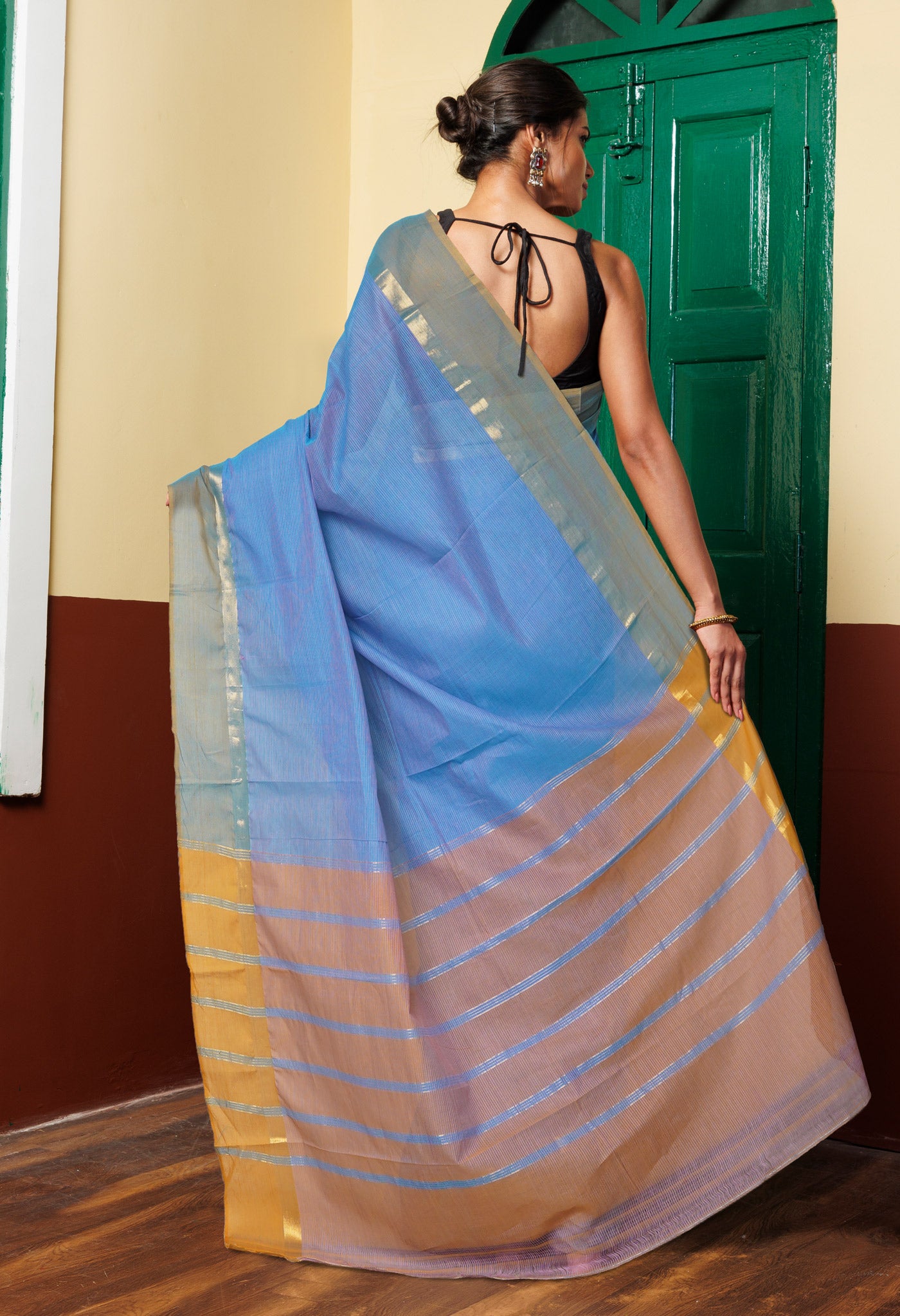 Blue-Pink Pure Cross Weave Mangalgiri Cotton Saree-UNM74175