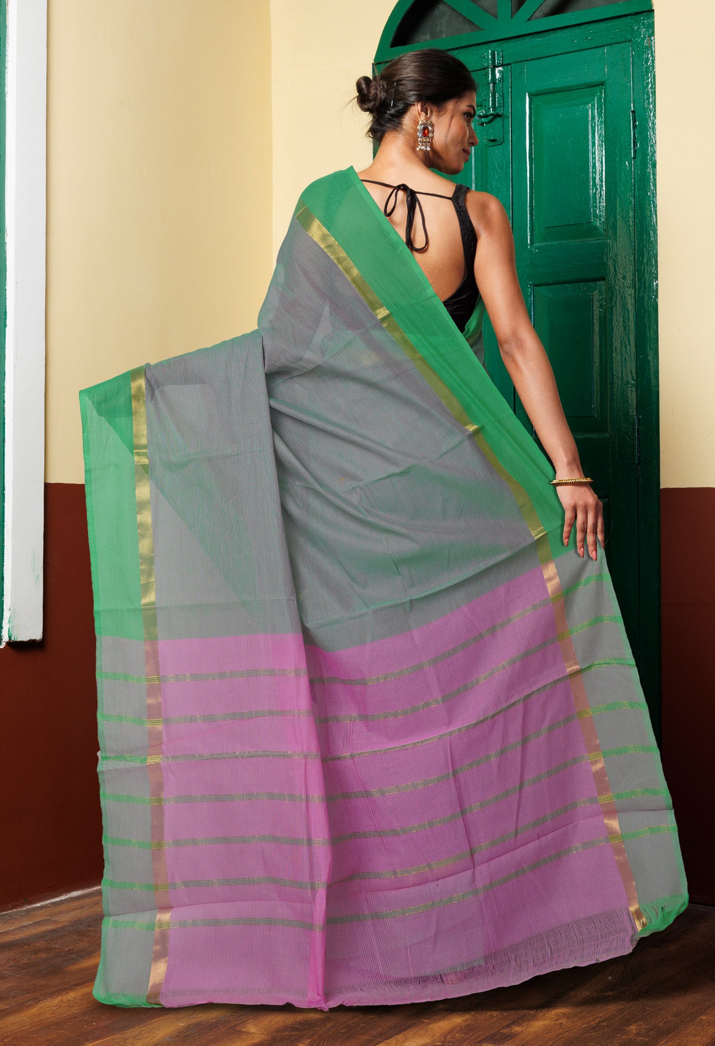 Green-Pink Pure Cross Weave Mangalgiri Cotton Saree-UNM74177