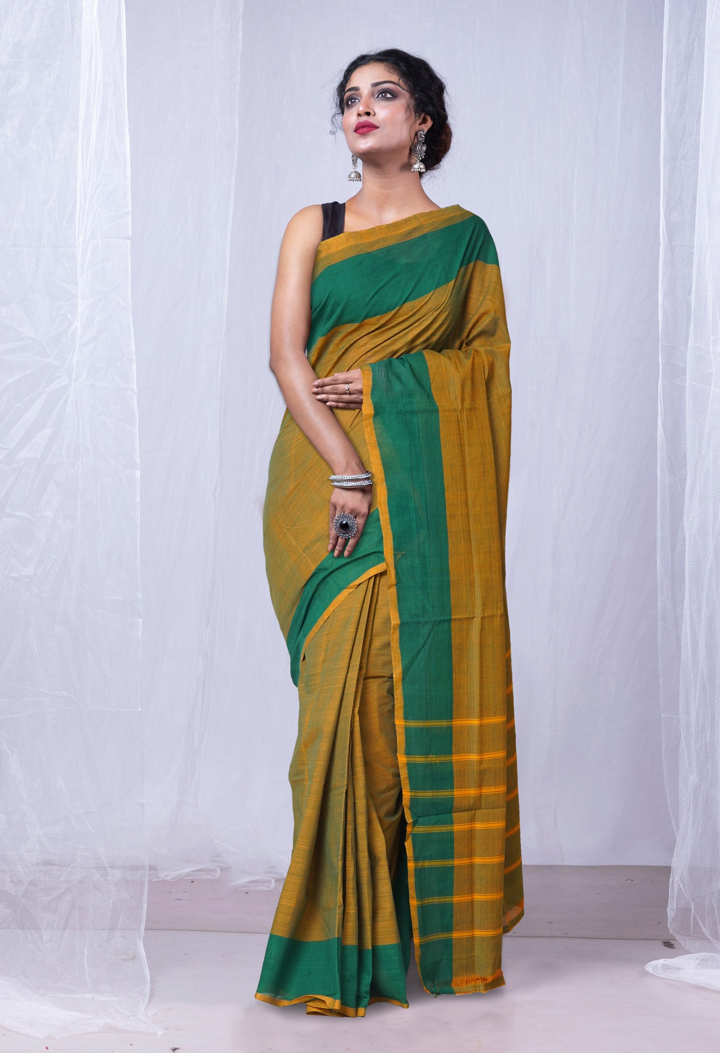 Orange-Green Pure Andhra Handloom Cotton Saree-UNM74192