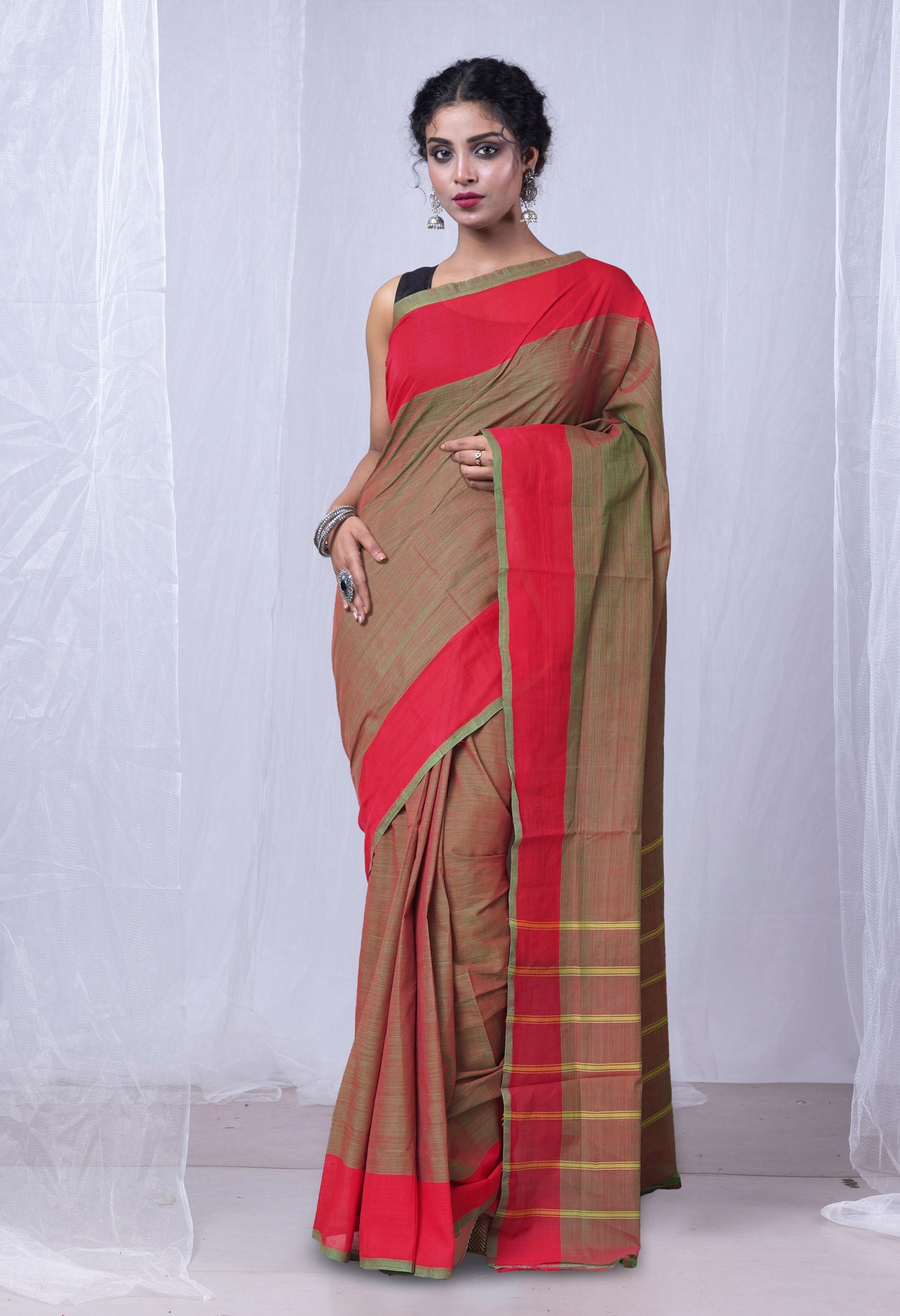 Green-Red Pure Andhra Handloom Cotton Saree-UNM74205