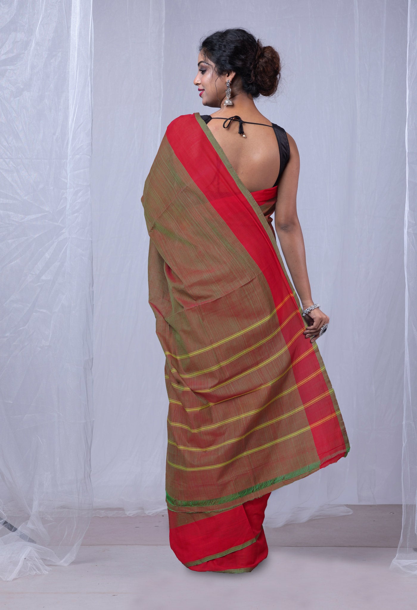 Green-Red Pure Andhra Handloom Cotton Saree-UNM74205