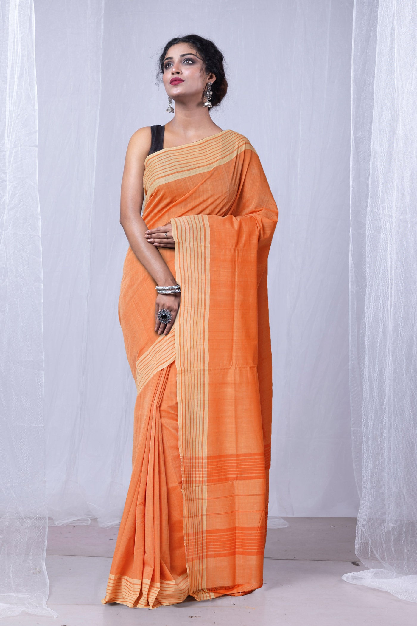 Orange Pure Andhra Handloom Cotton Saree-UNM74206