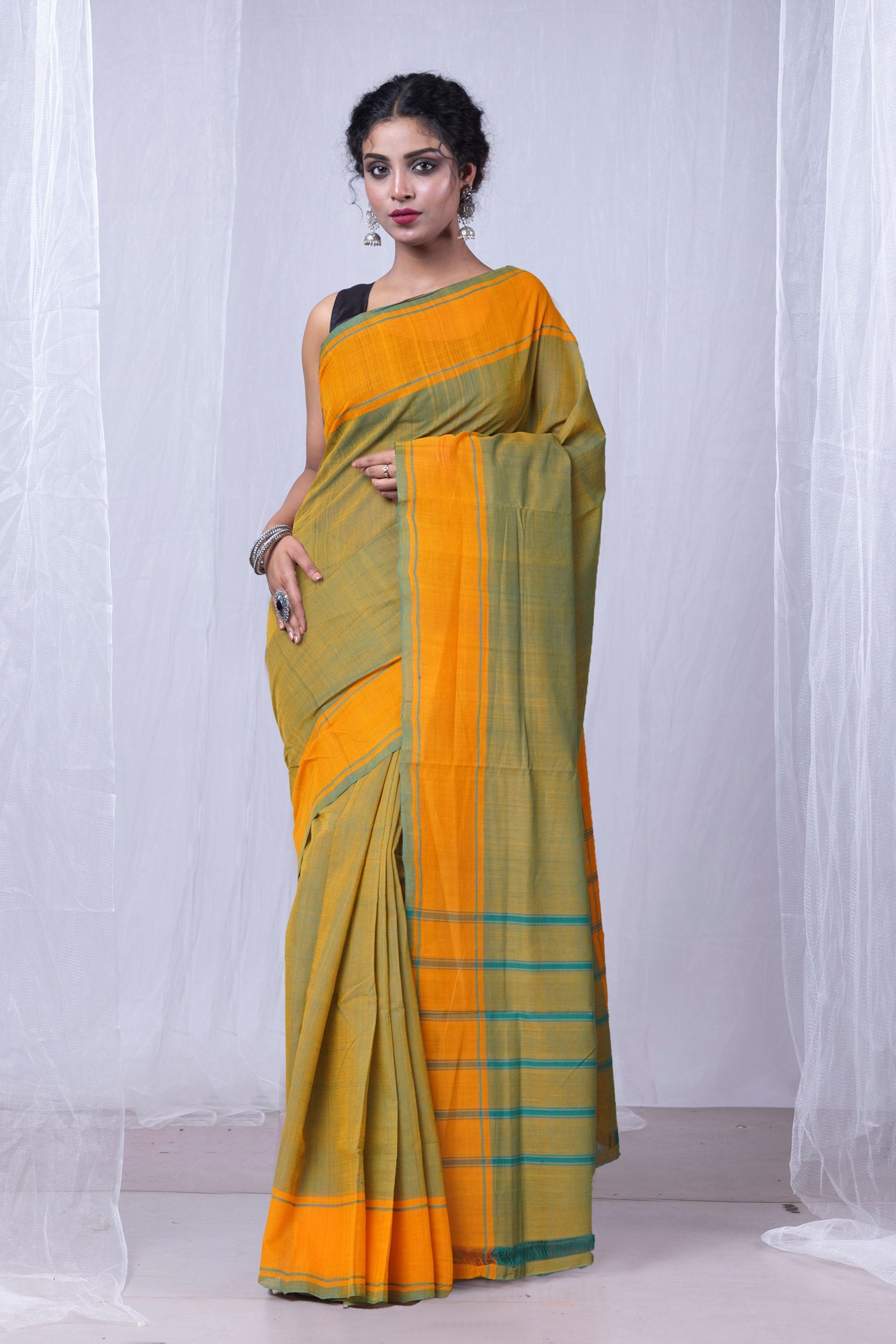 Green-Orange Pure Andhra Handloom Cotton Saree-UNM74218