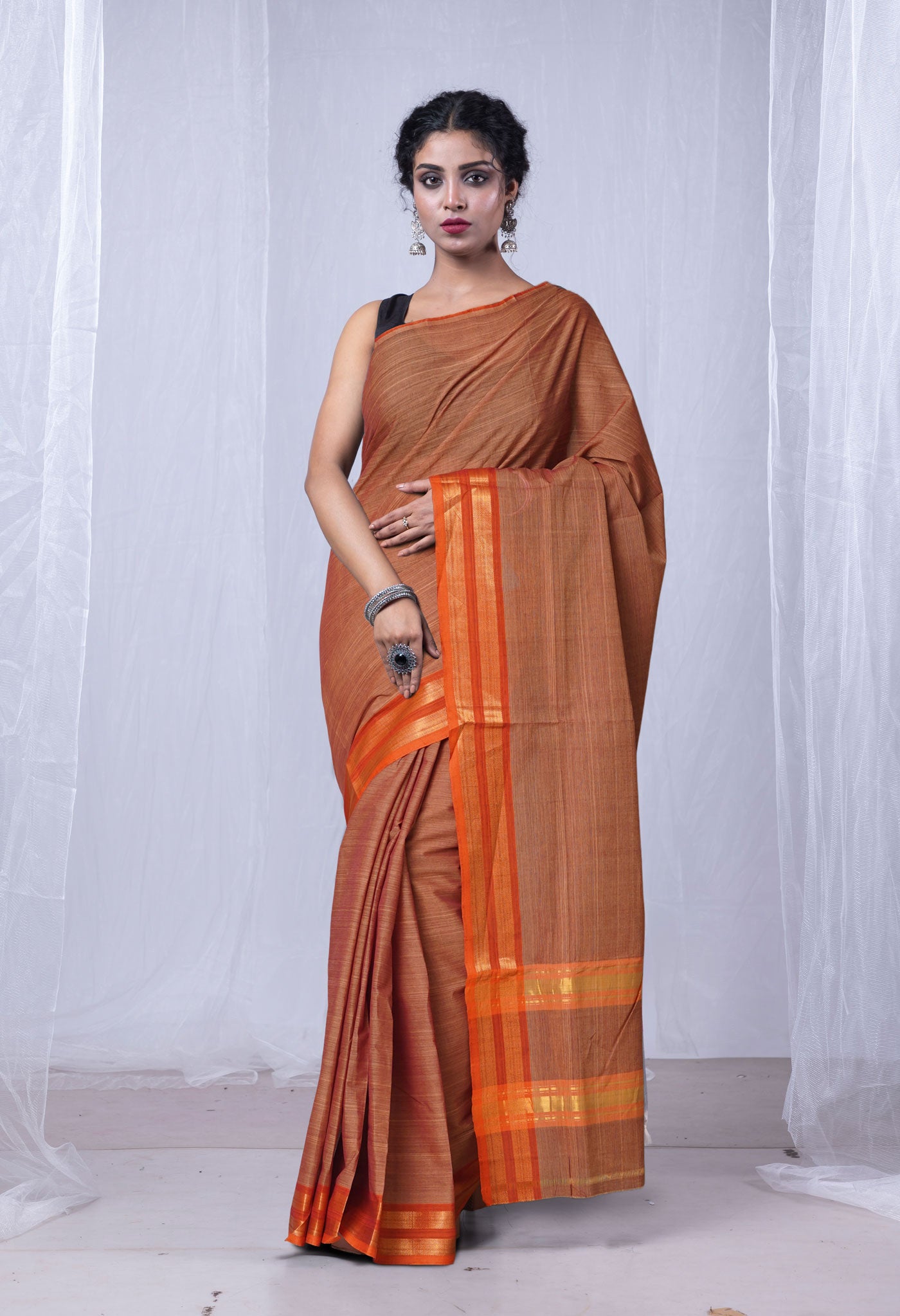 Cream-Orange Pure Andhra Handloom Cotton Saree-UNM74222