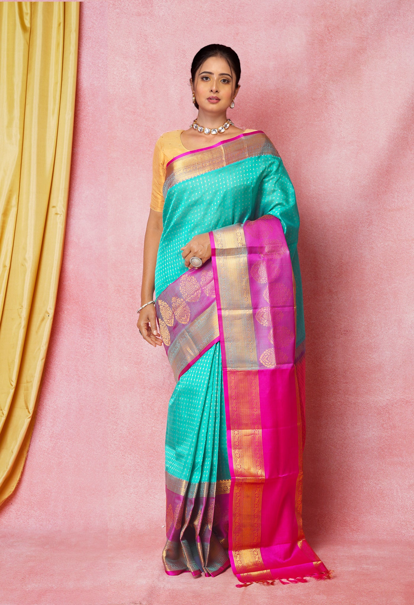 Turquoise Blue-Pink Pure Handloom Kanjivaram Silk Saree-UNM74254