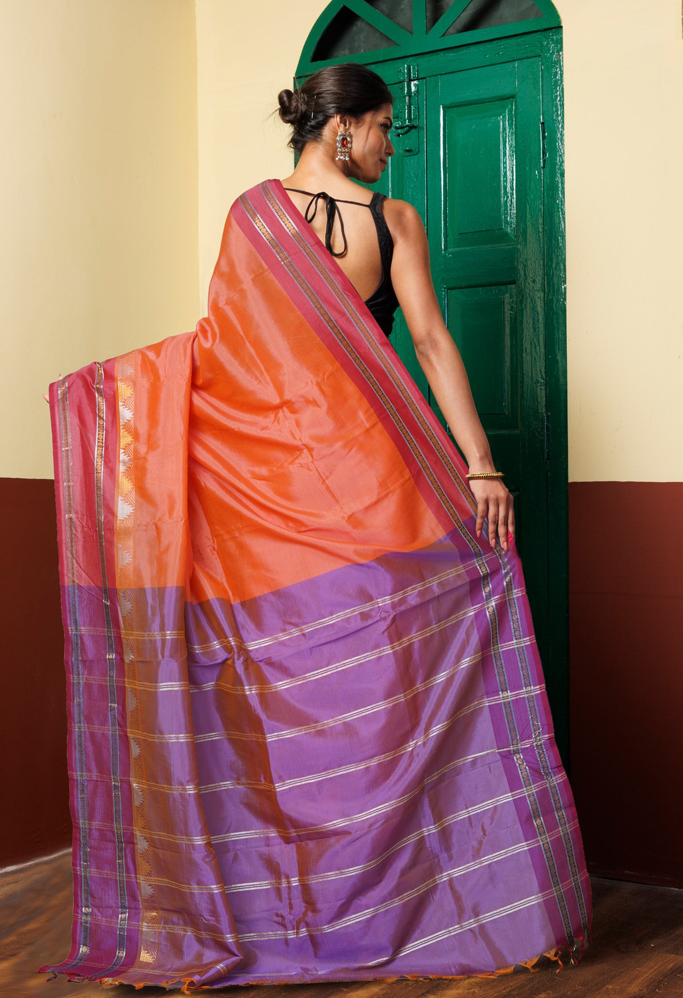 Peach Orange Pure Handloom Chettinad Silk Saree-UNM74348