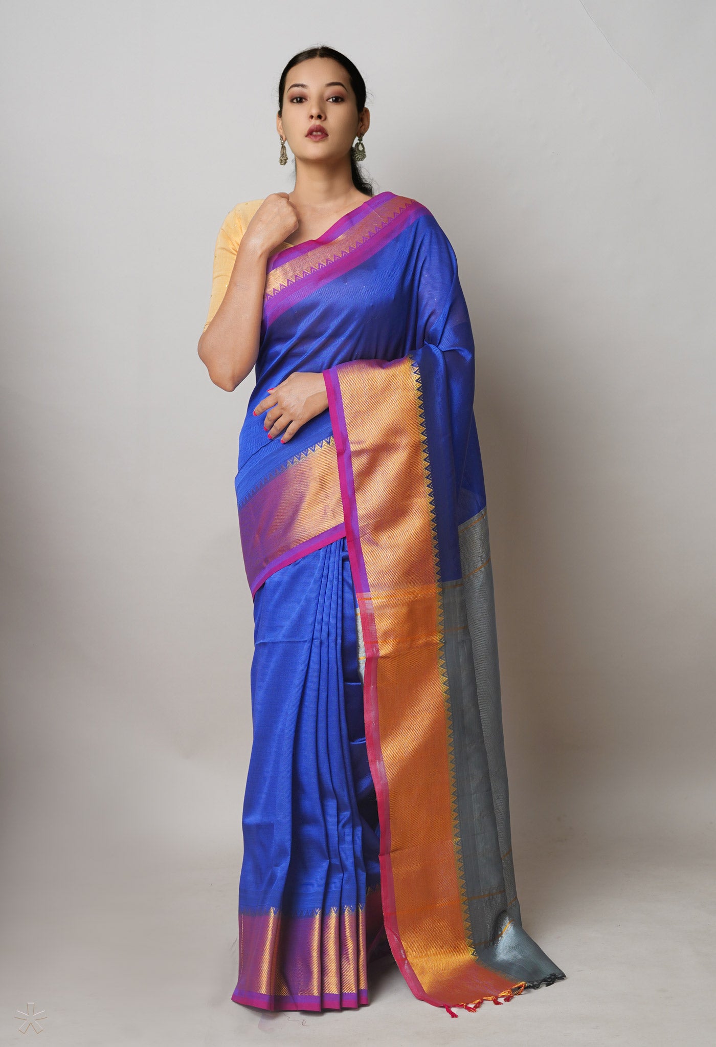 Dark Blue Pure Handloom Narayanpet Silk Saree-UNM74359