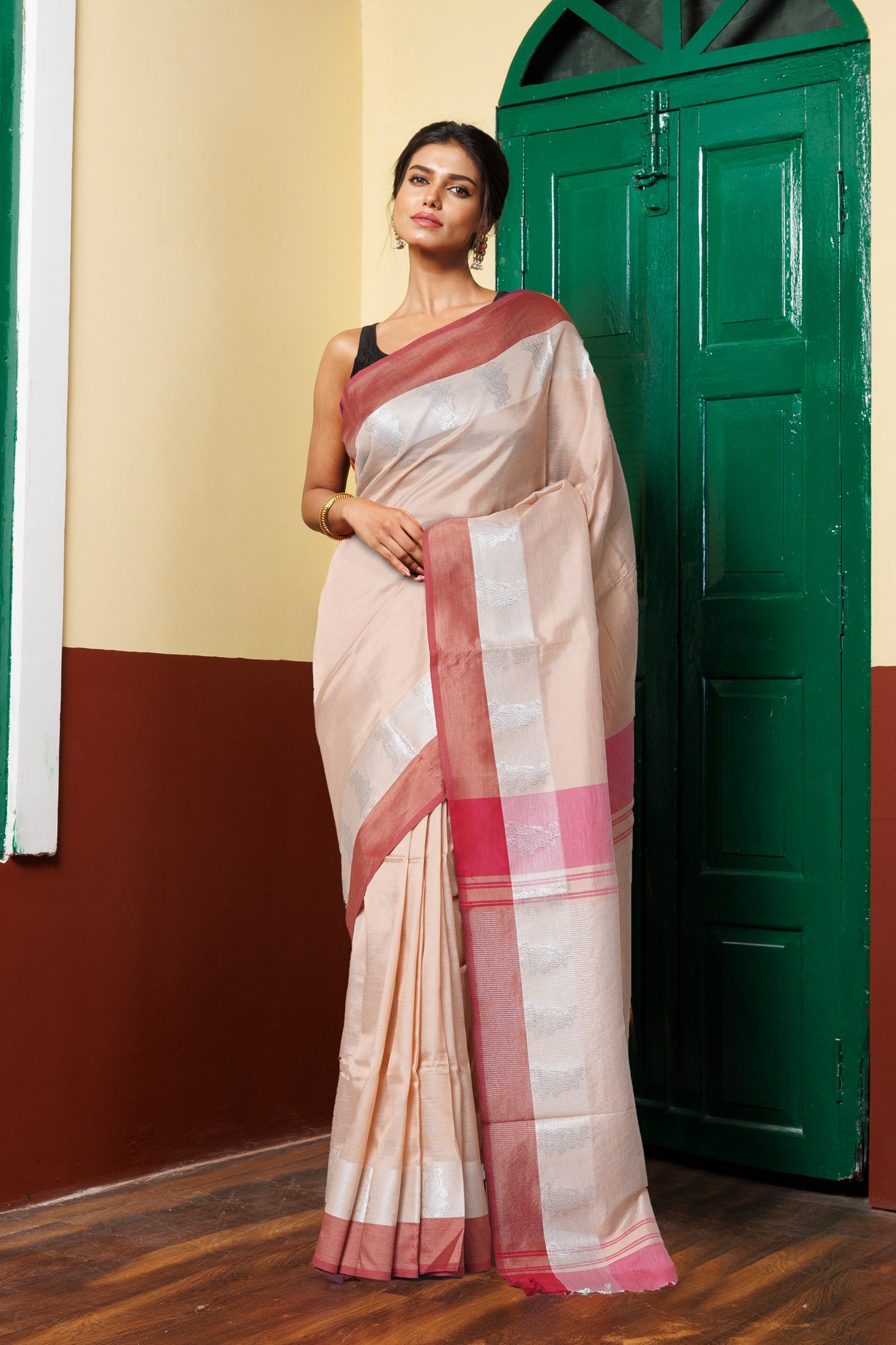 Cream Pure Handloom Chettinad Silk Saree-UNM74374