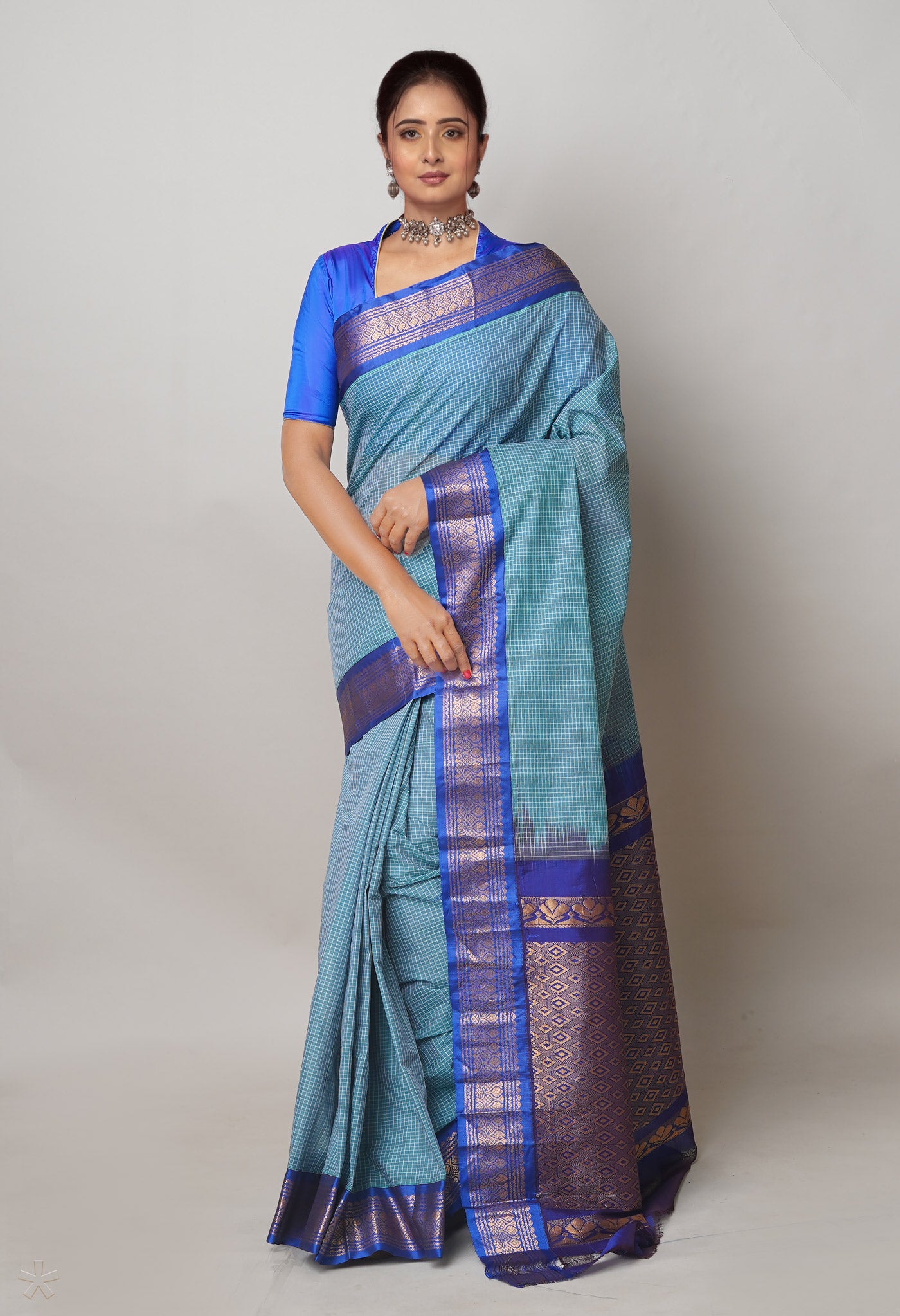 Sage Blue Pure Handloom Gadwal Cotton Saree-UNM74426