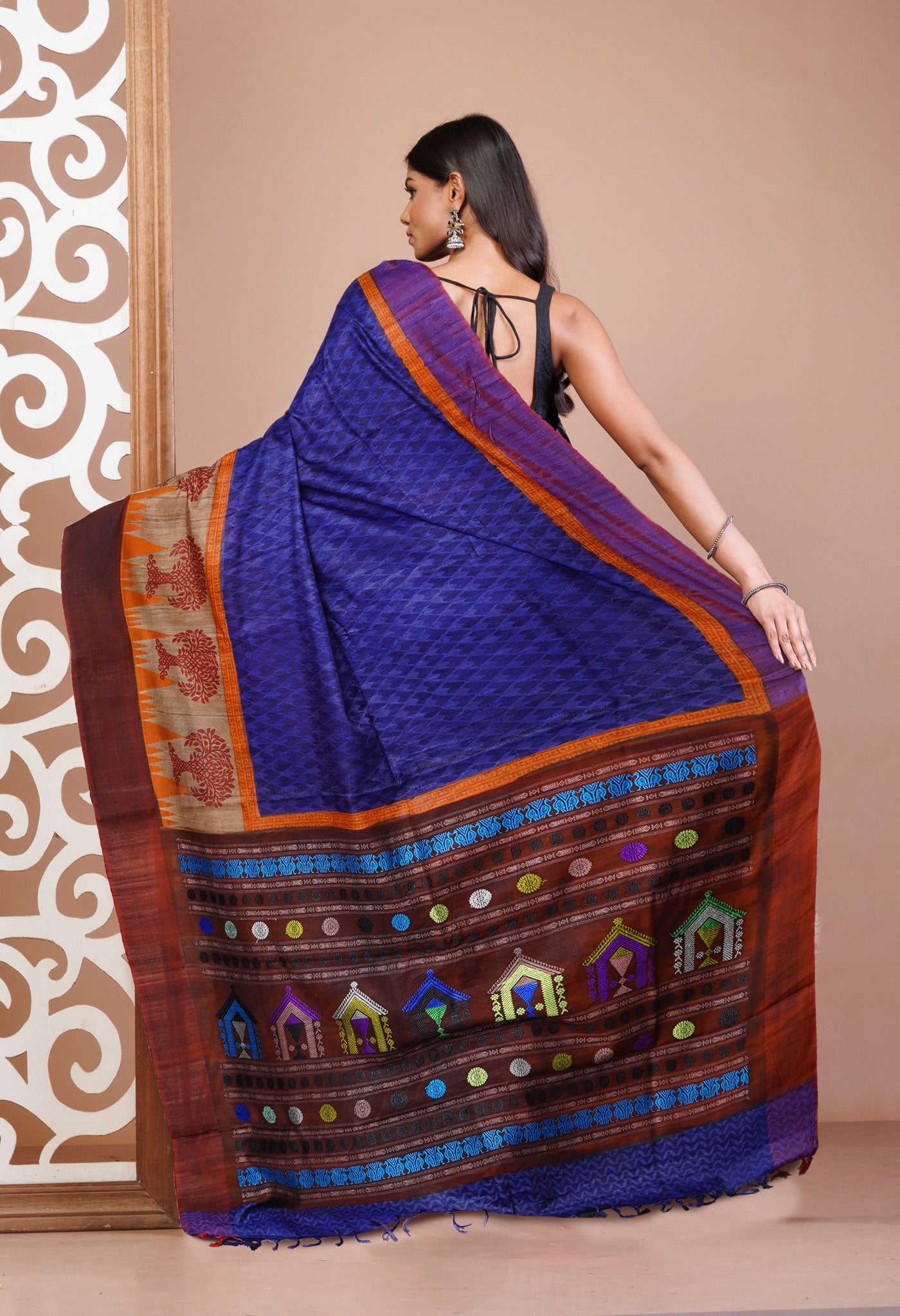 Blue Pure Handloom Hand Block Printed Vidarbha Tussar Silk Saree-UNM74492