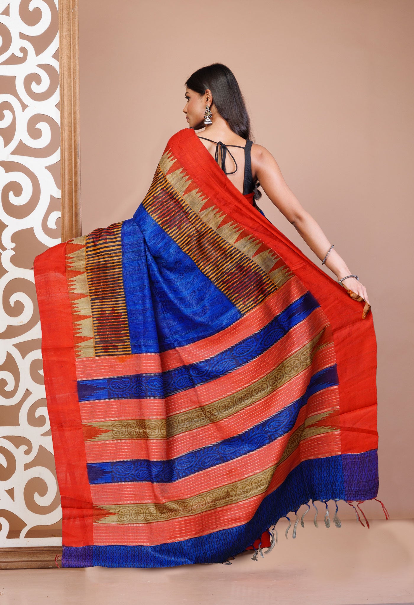 Blue Pure Handloom Hand Block Printed Vidarbha Tussar Silk Saree-UNM74497