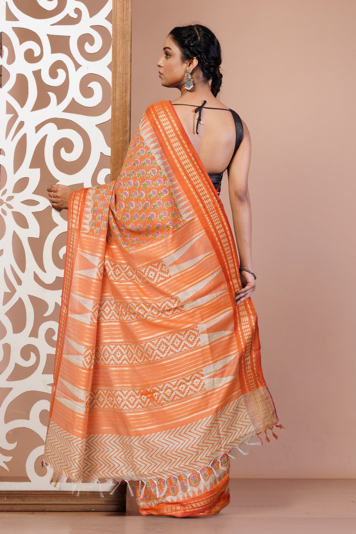 Orange Pure Handloom Hand Block Printed Vidarbha Tussar Silk Saree-UNM74524