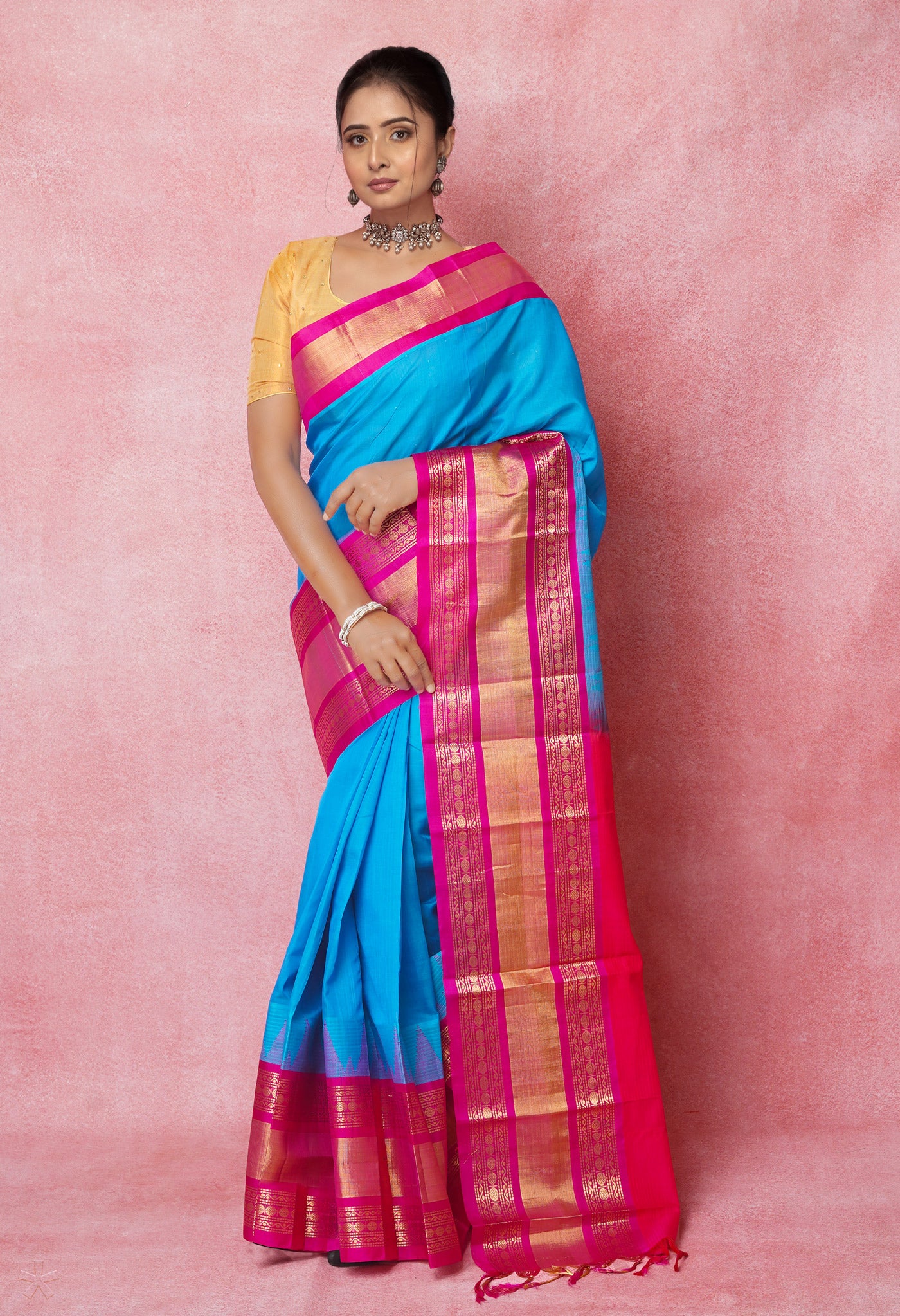 Blue-Pink Pure Handloom Assam Silk Saree-UNM74537