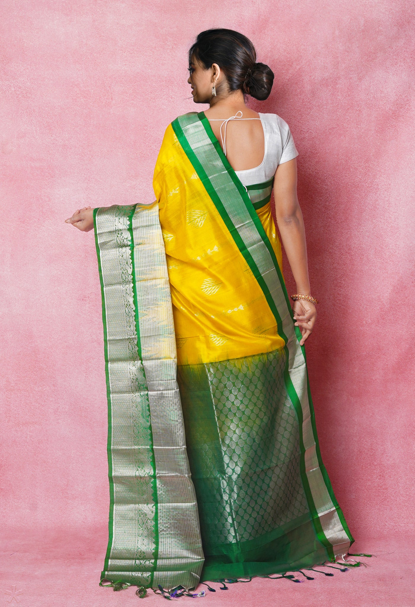 Handwoven Yellow Kanjeevaram Silk Saree With Green Border