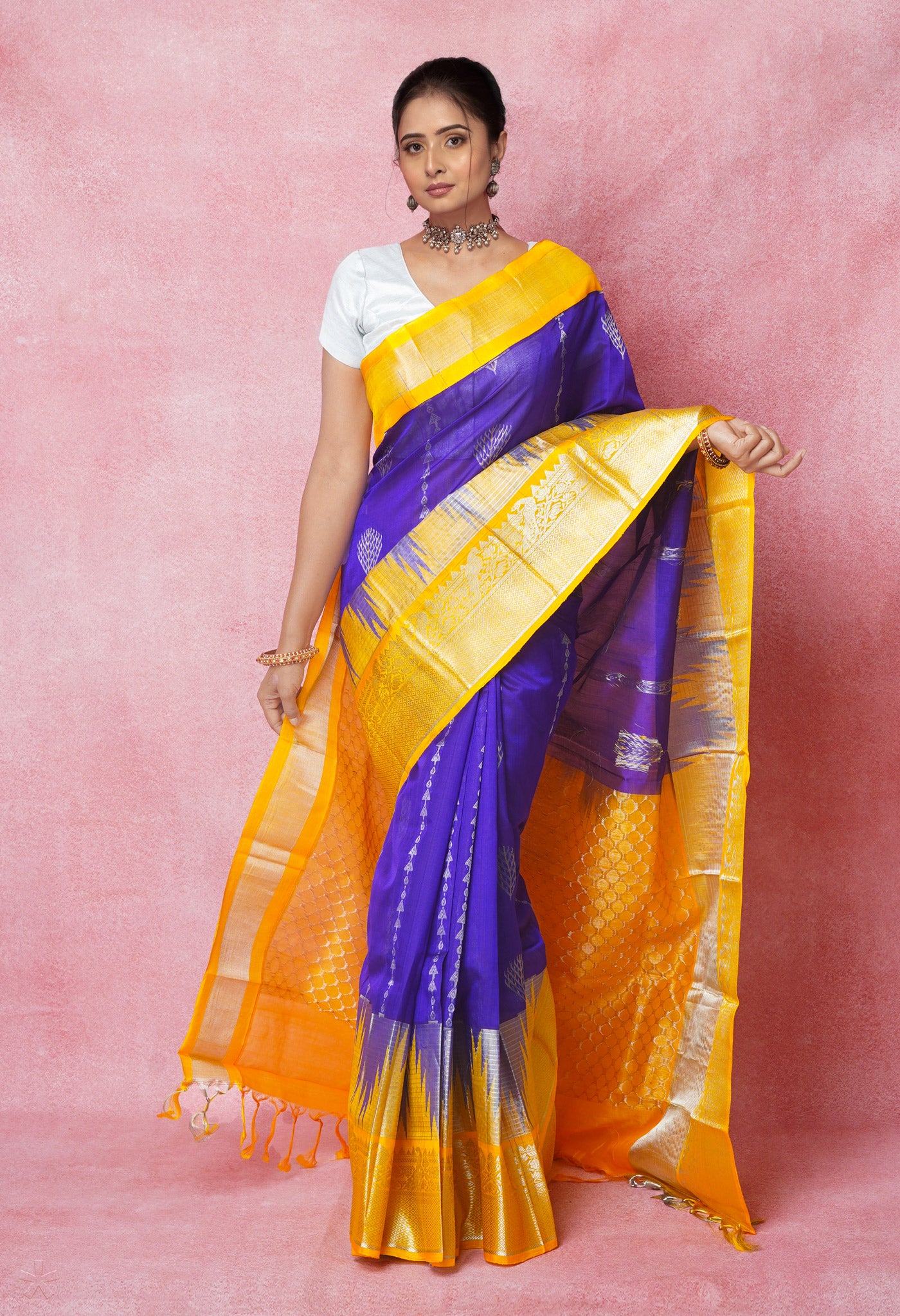 Dark Blue-Yellow Pure Handloom Assam Silk Saree-UNM74542