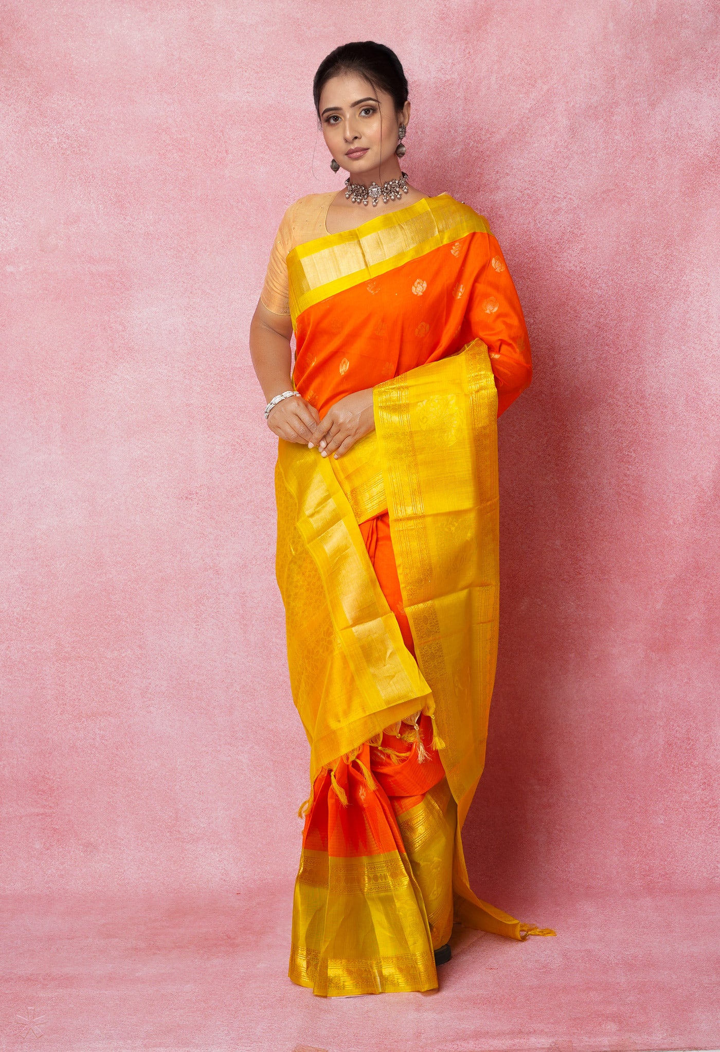 Orange-Mehandi Green Pure Handloom Assam Silk Saree