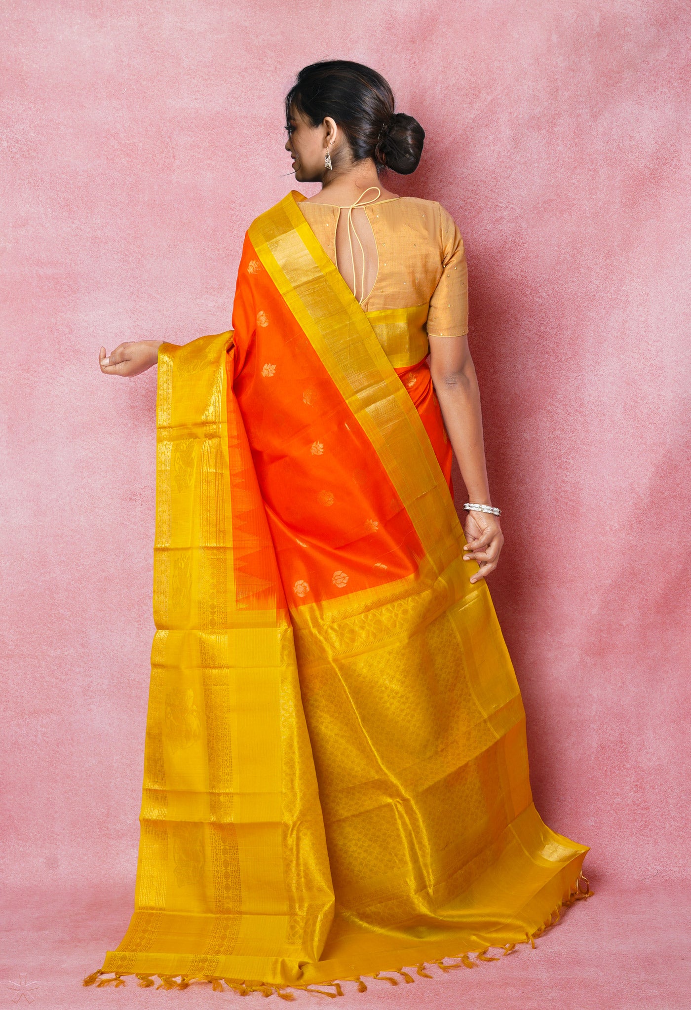 Orange-Mehandi Green Pure Handloom Assam Silk Saree