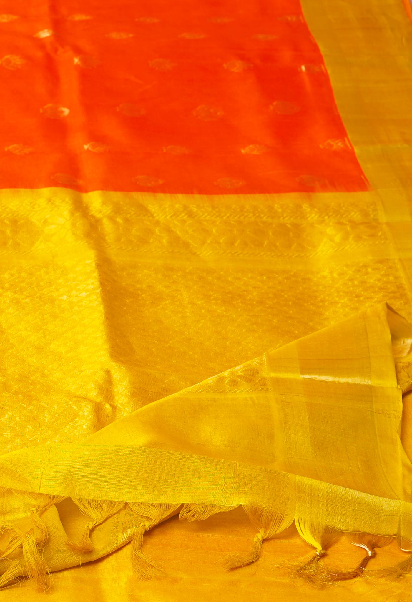 Orange-Mehandi Green Pure Handloom Assam Silk Saree