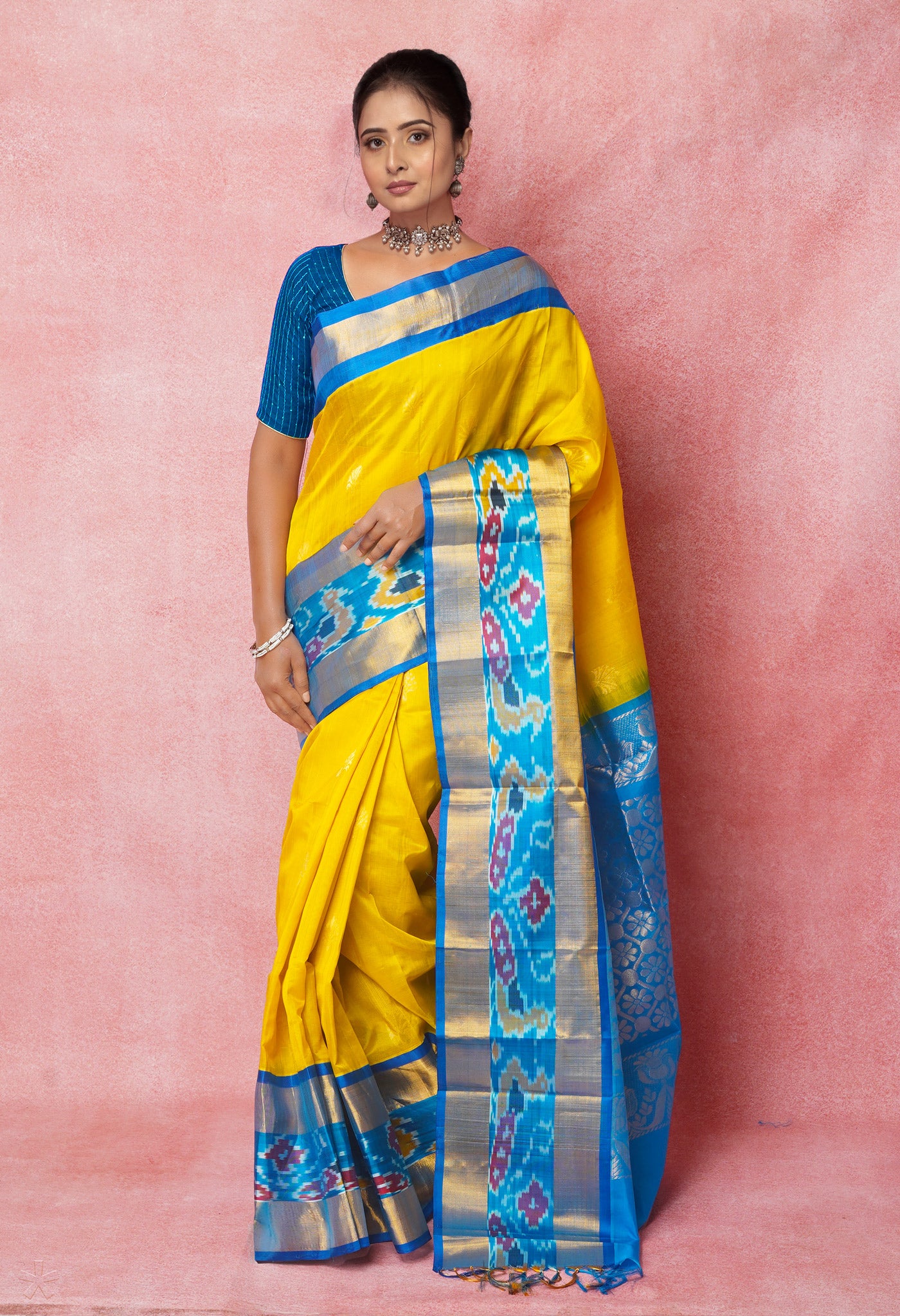 Yellow-Blue Pure Handloom Assam Silk Saree-UNM74549