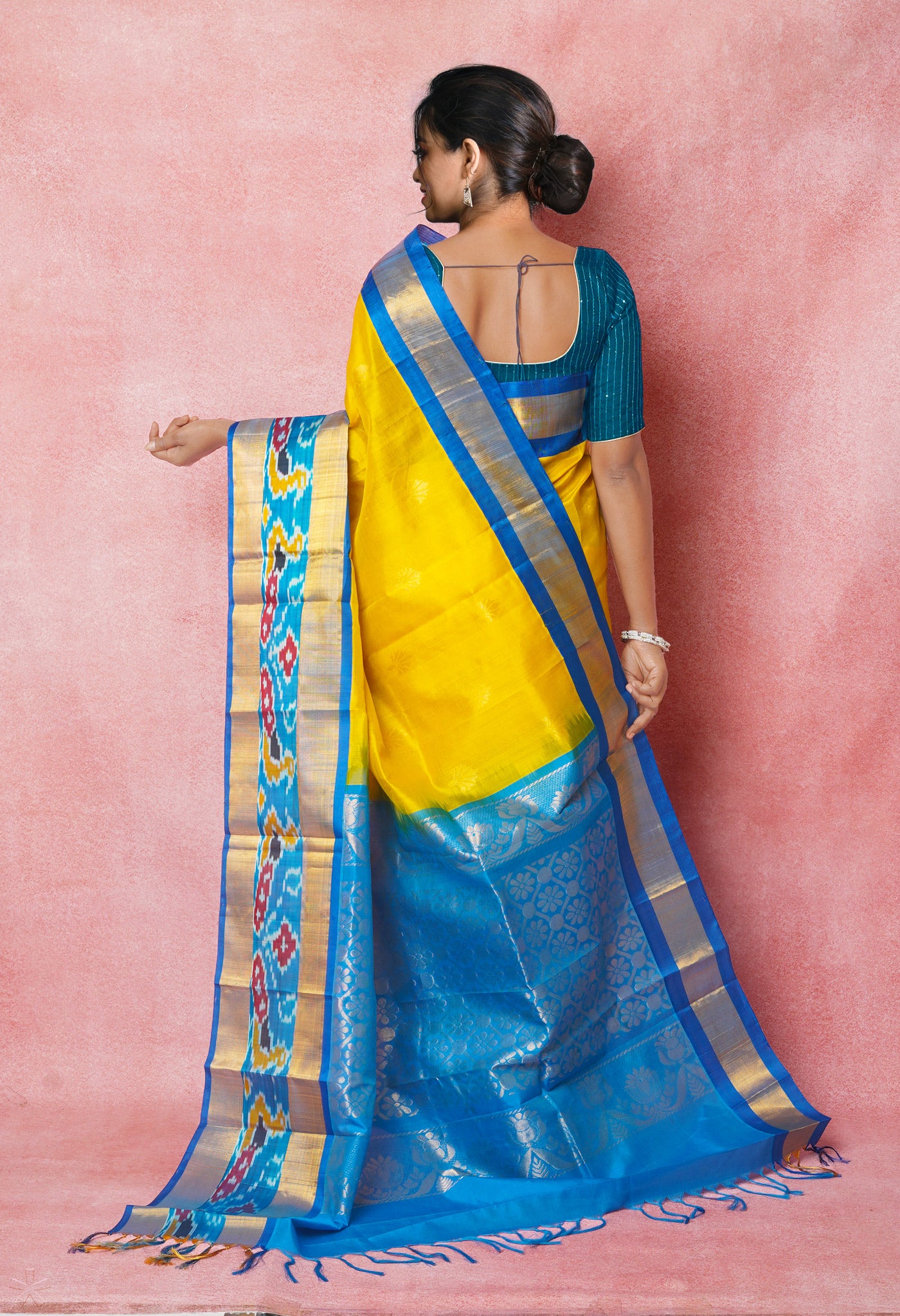 Yellow-Blue Pure Handloom Assam Silk Saree-UNM74549