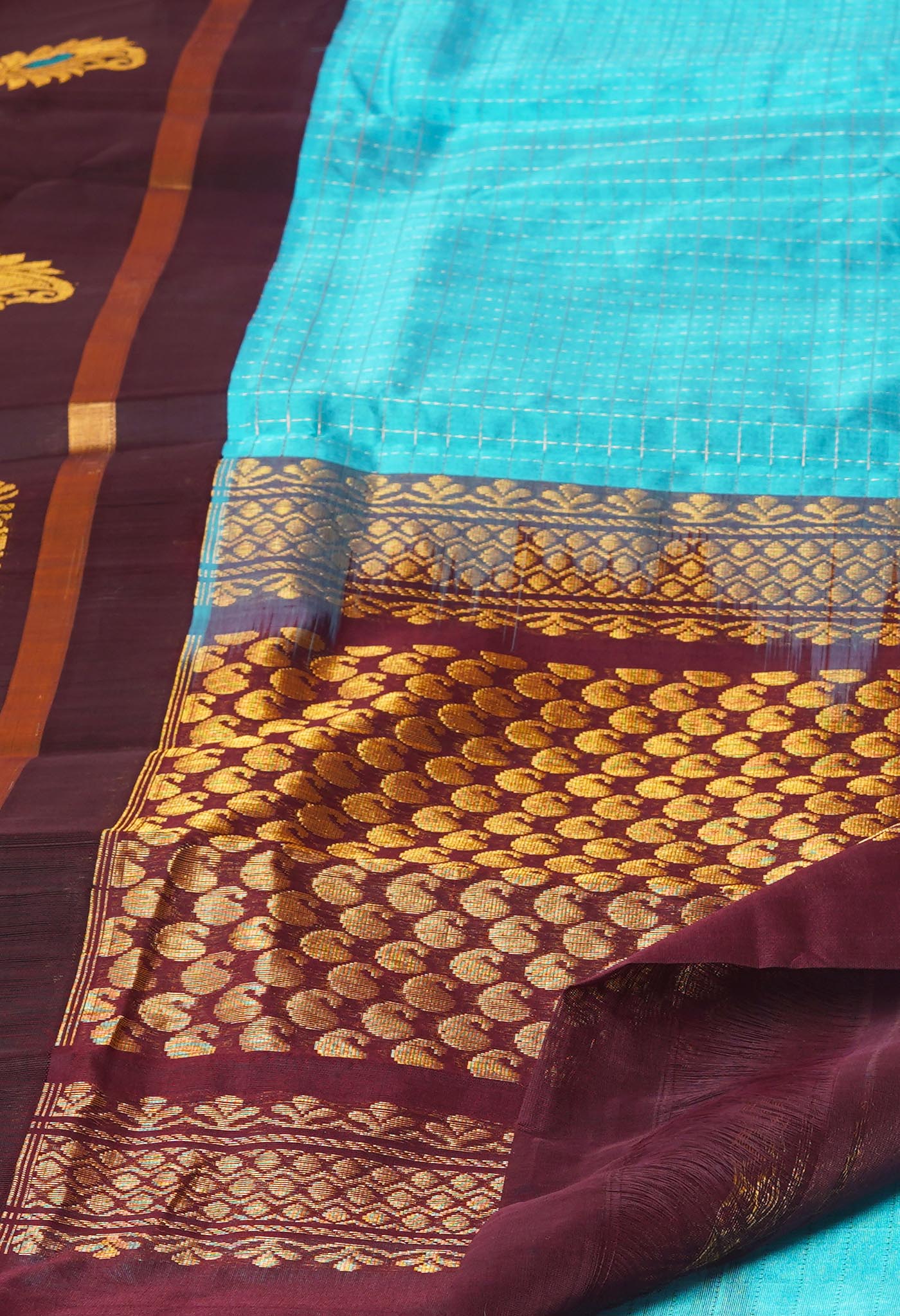 Blue-Dark Chocolate Brown Pure Handloom Assam With Checks Zari Weaving Silk Saree-UNM74550