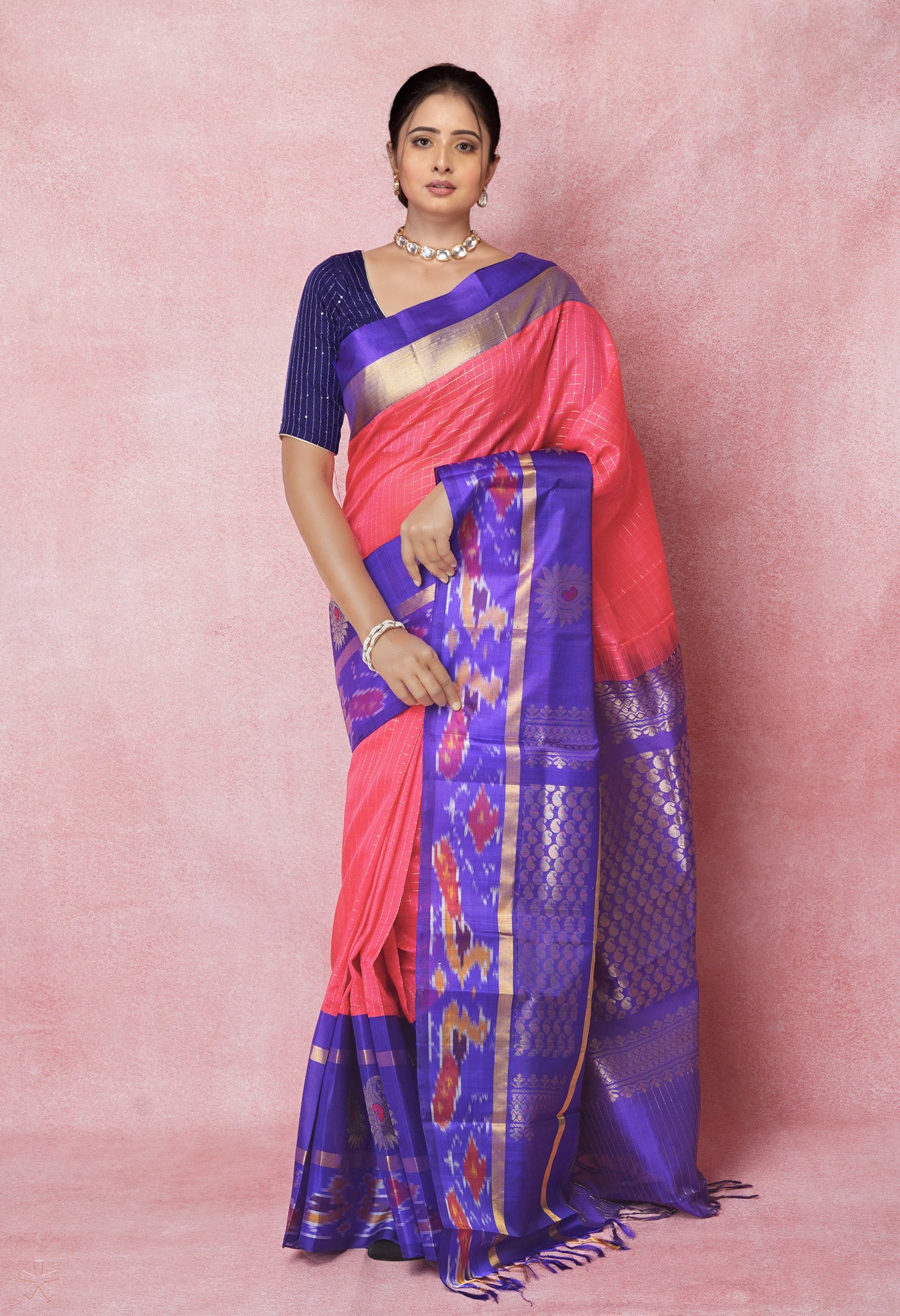 Peach Red-Dark Blue Pure Handloom Assam With Checks Zari Weaving Silk Saree