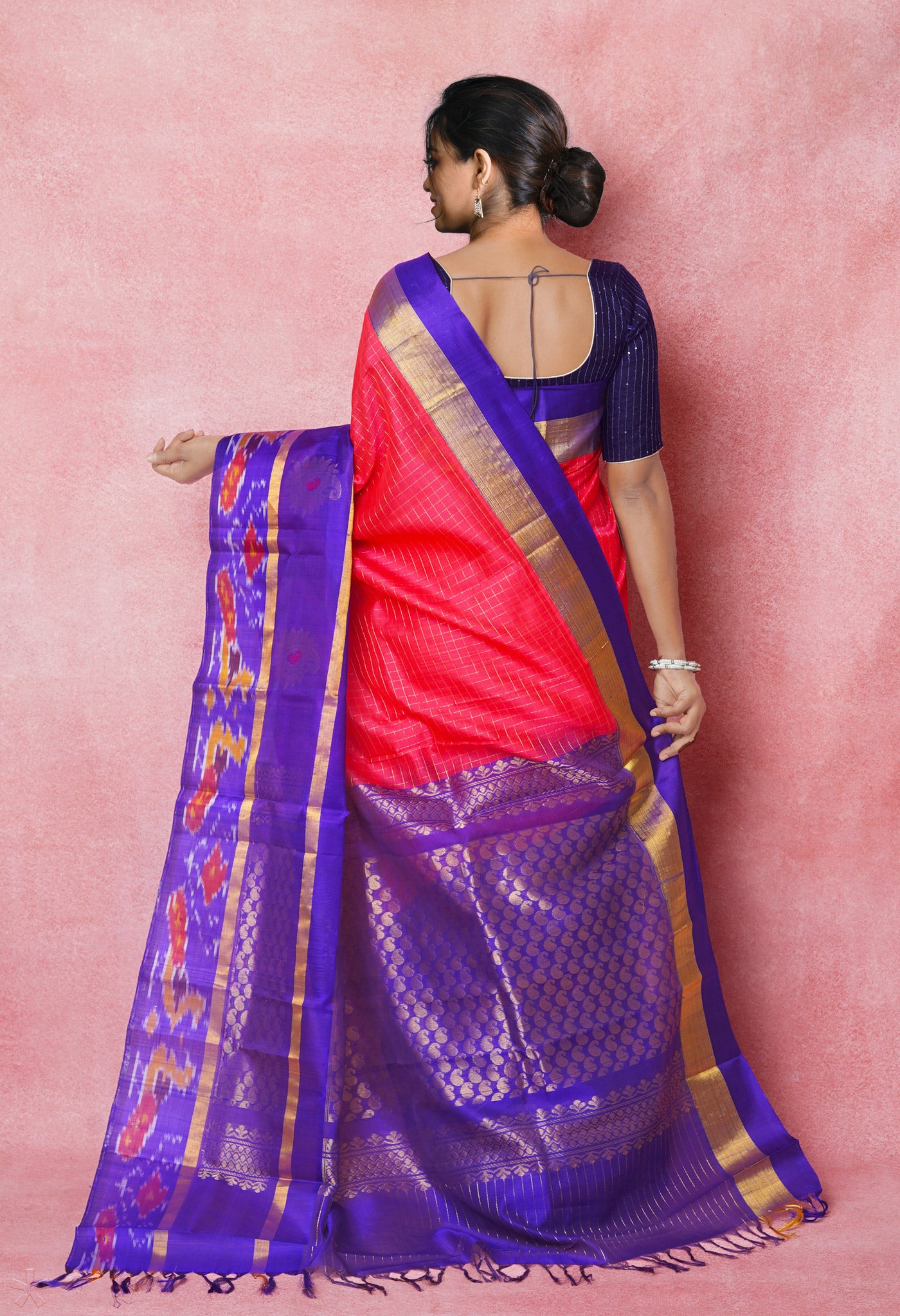 Peach Red-Dark Blue Pure Handloom Assam With Checks Zari Weaving Silk Saree