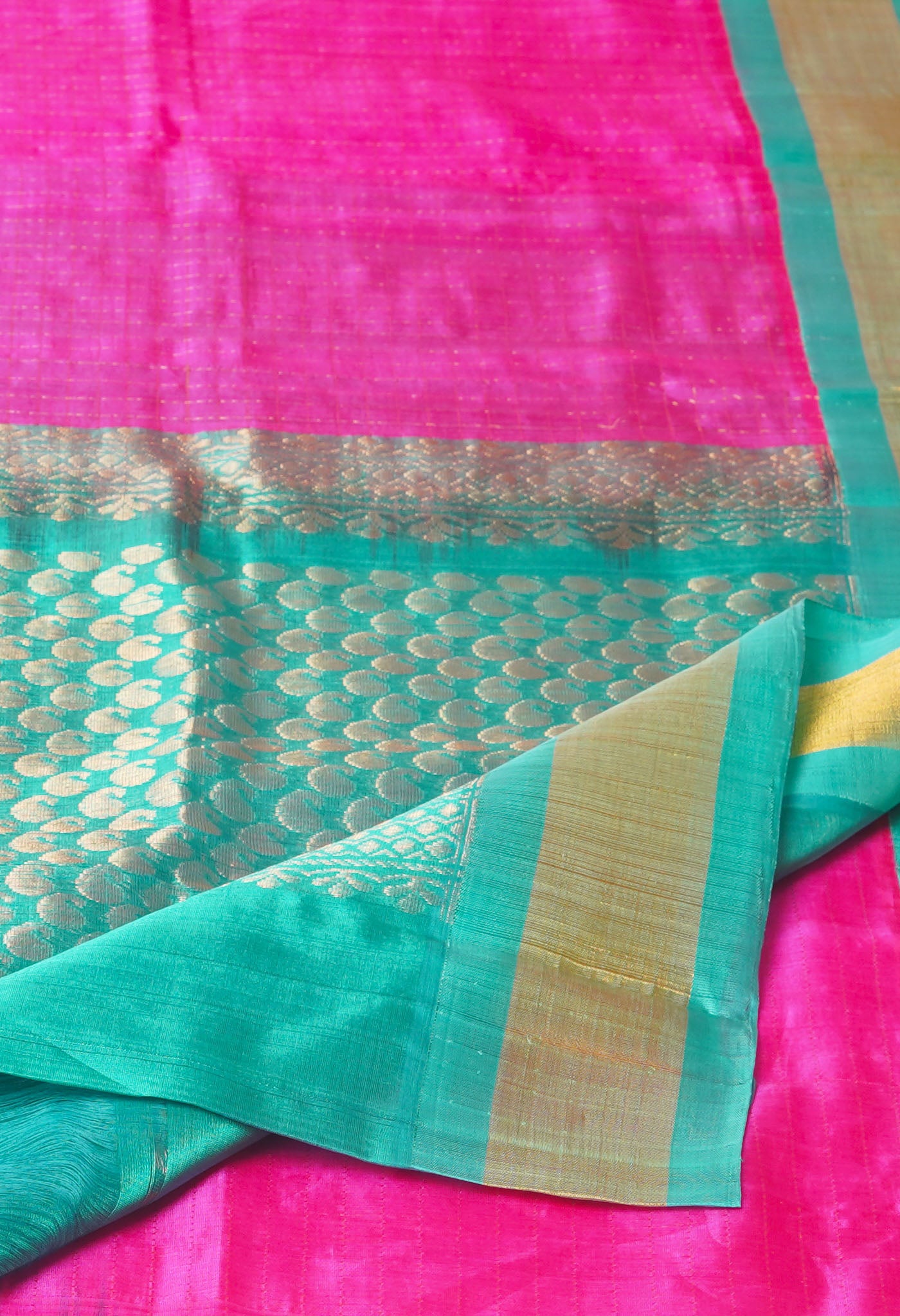 Pink-Turquoise Blue Pure Handloom Assam With Checks Zari Weaving Silk Saree-UNM74553