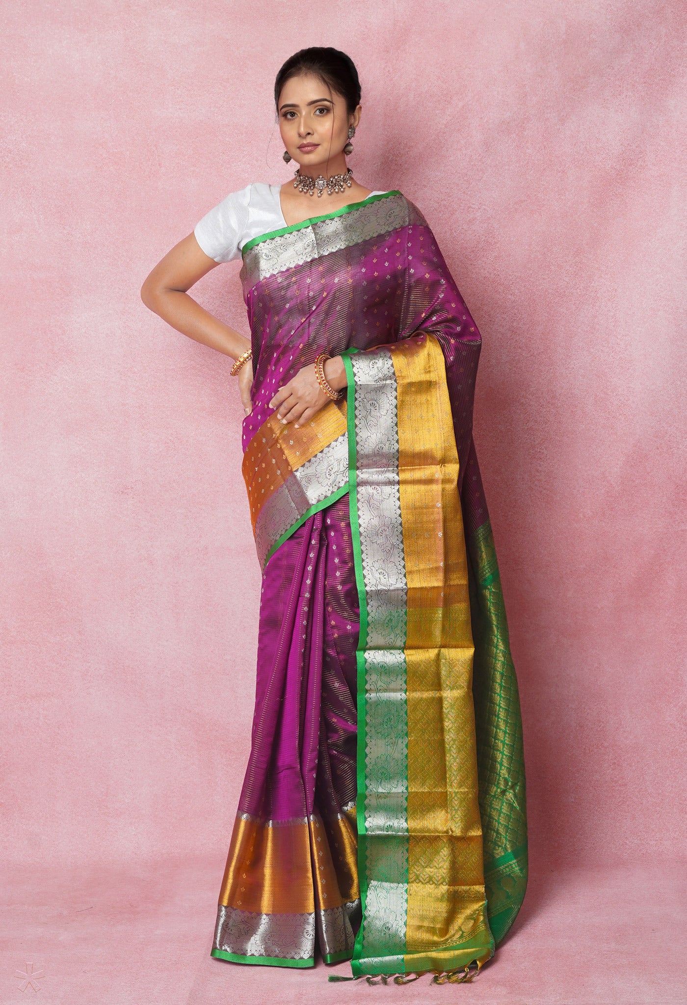 Dark Purple-Green Pure Handloom Assam With Checks Zari Weaving Silk Saree-UNM74556