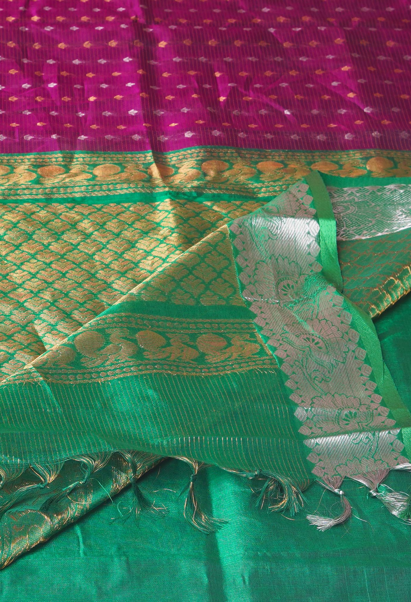 Dark Purple-Green Pure Handloom Assam With Checks Zari Weaving Silk Saree-UNM74556