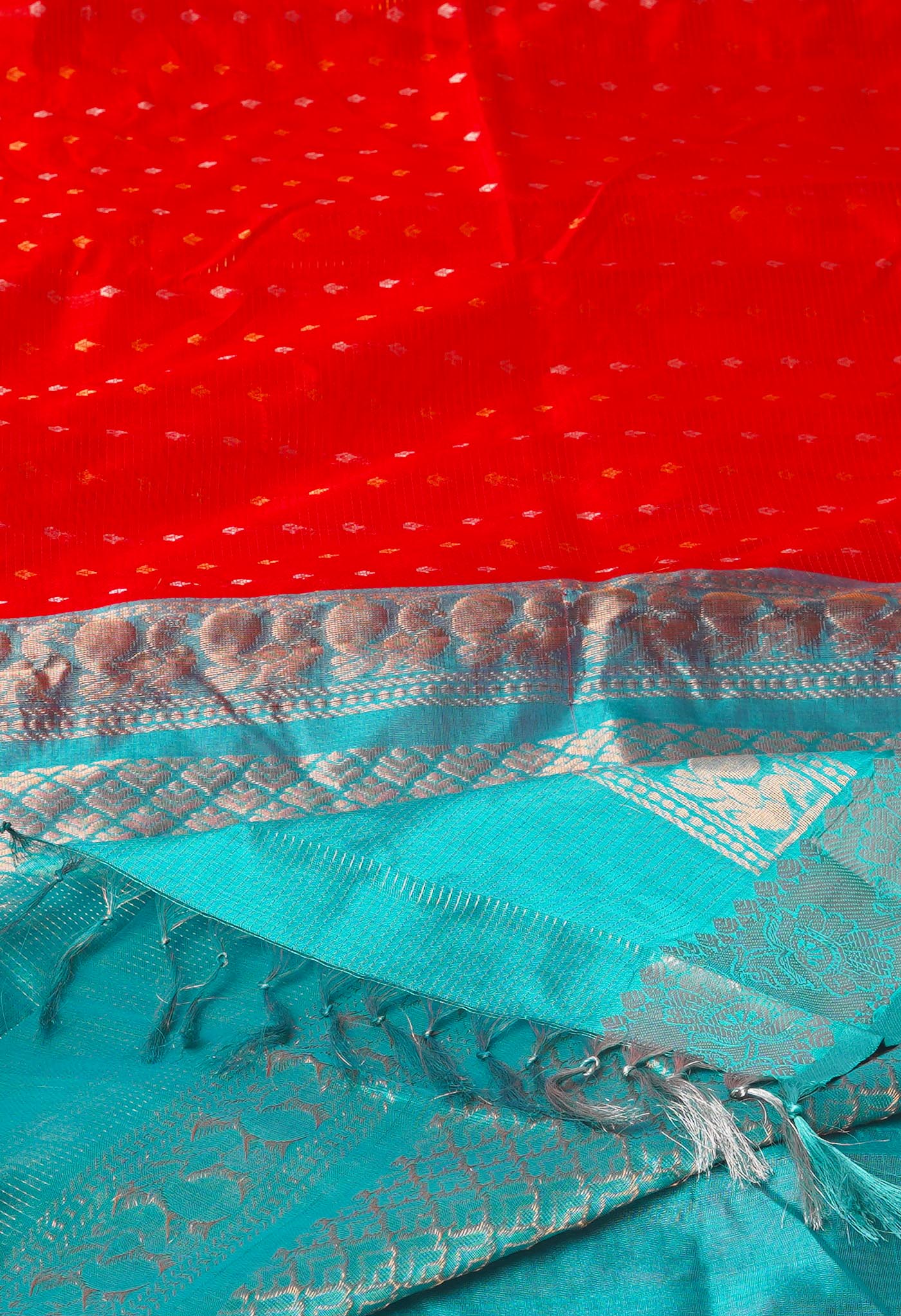 Red-Turquoise Blue Pure Handloom Assam With Checks Zari Weaving Silk Saree-UNM74557