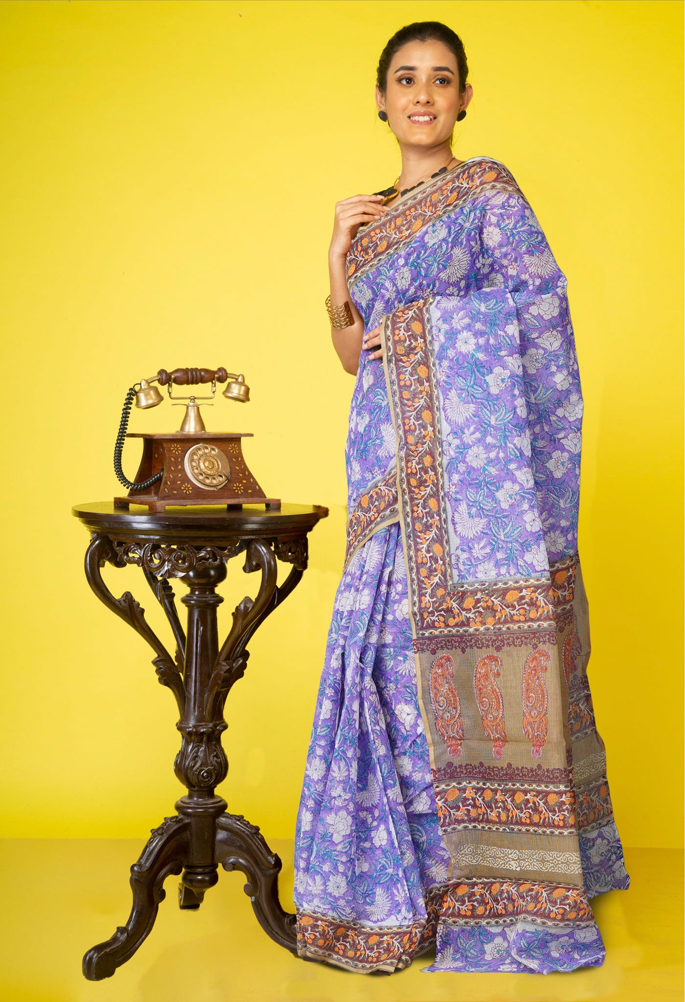 Purple Pure Kota Cotton Saree With Ajrakh Printed Blouse Piece-UNM74590