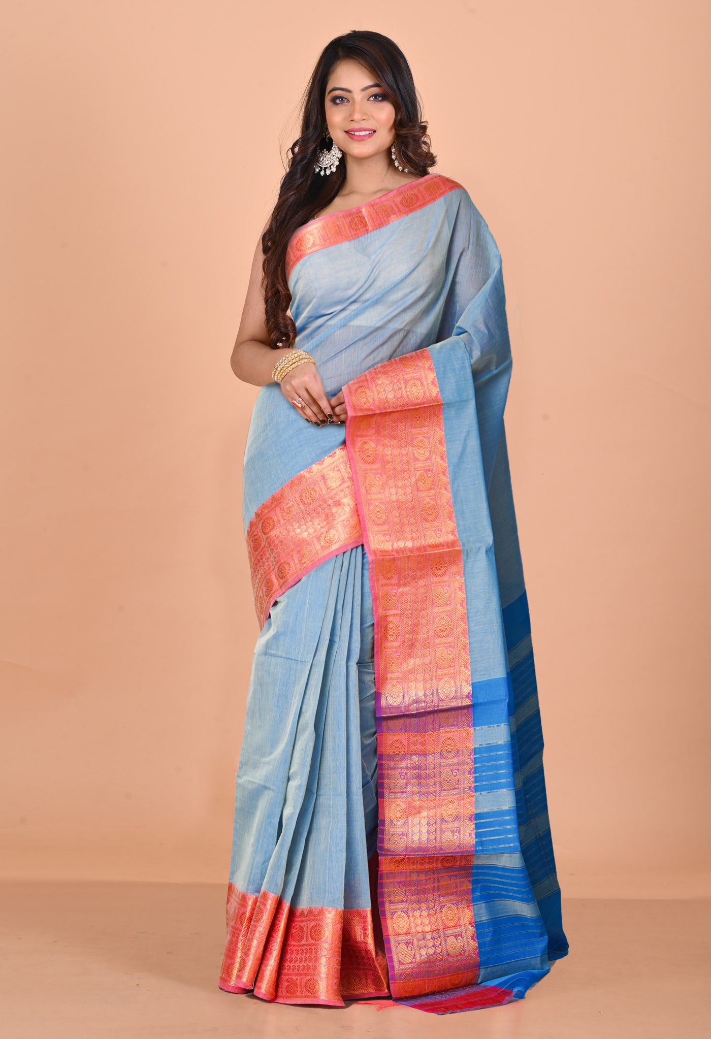 Pale Blue Pure Handloom Narayanpet Cotton Saree-UNM74613