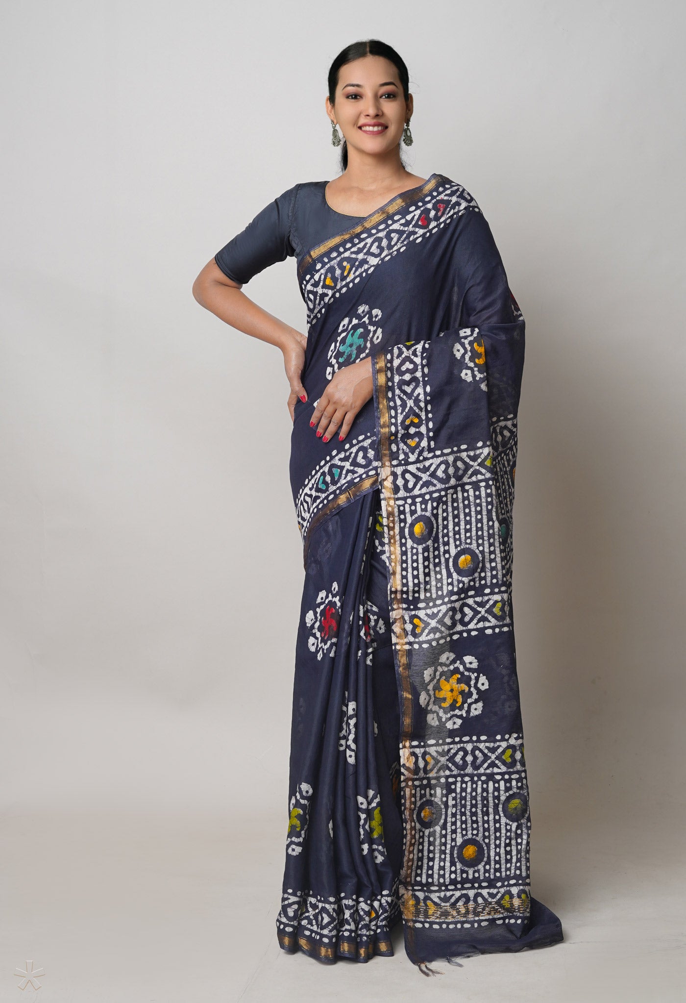 Black Hand Block Printed Chanderi Sico Saree