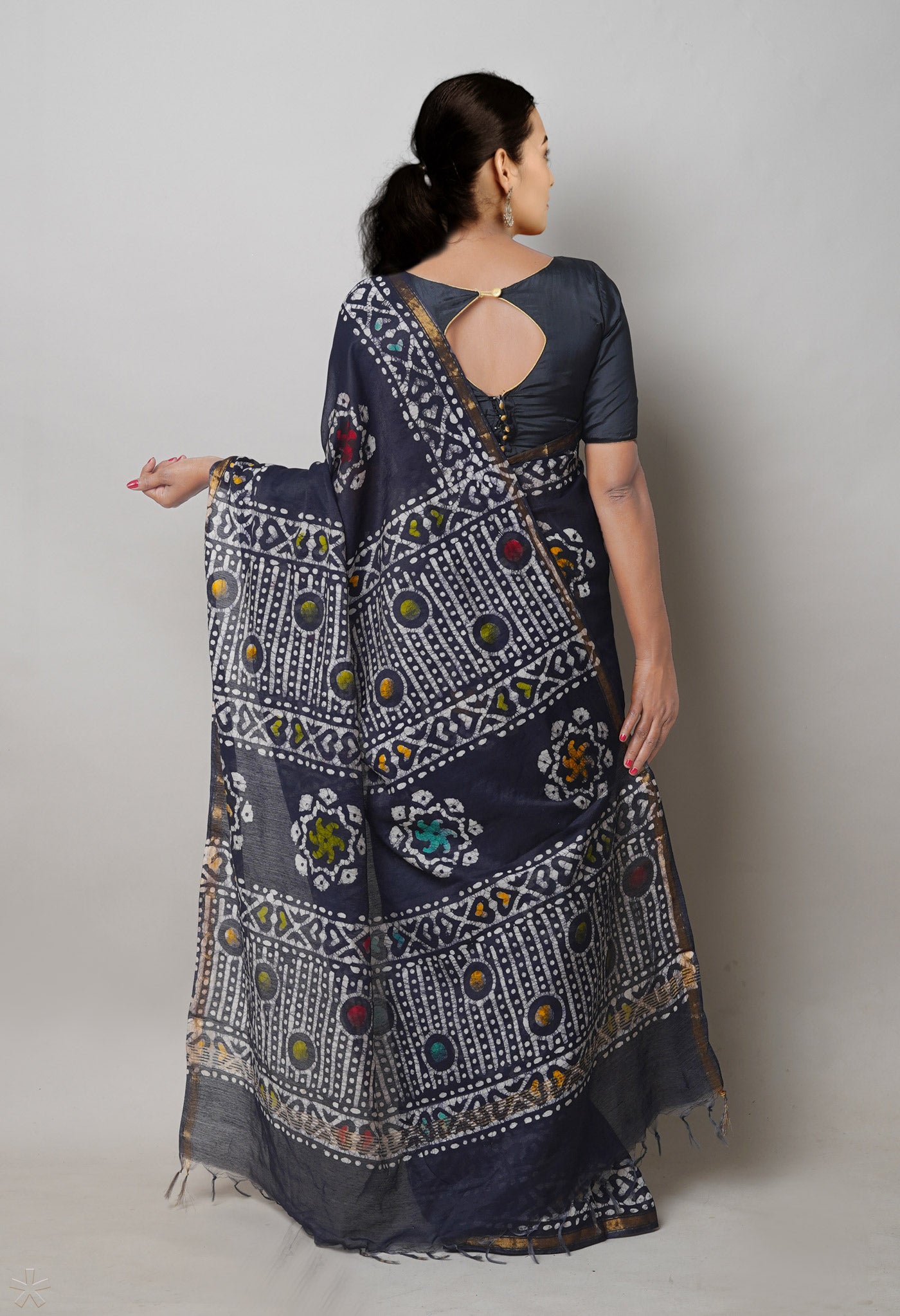 Black Hand Block Printed Chanderi Sico Saree