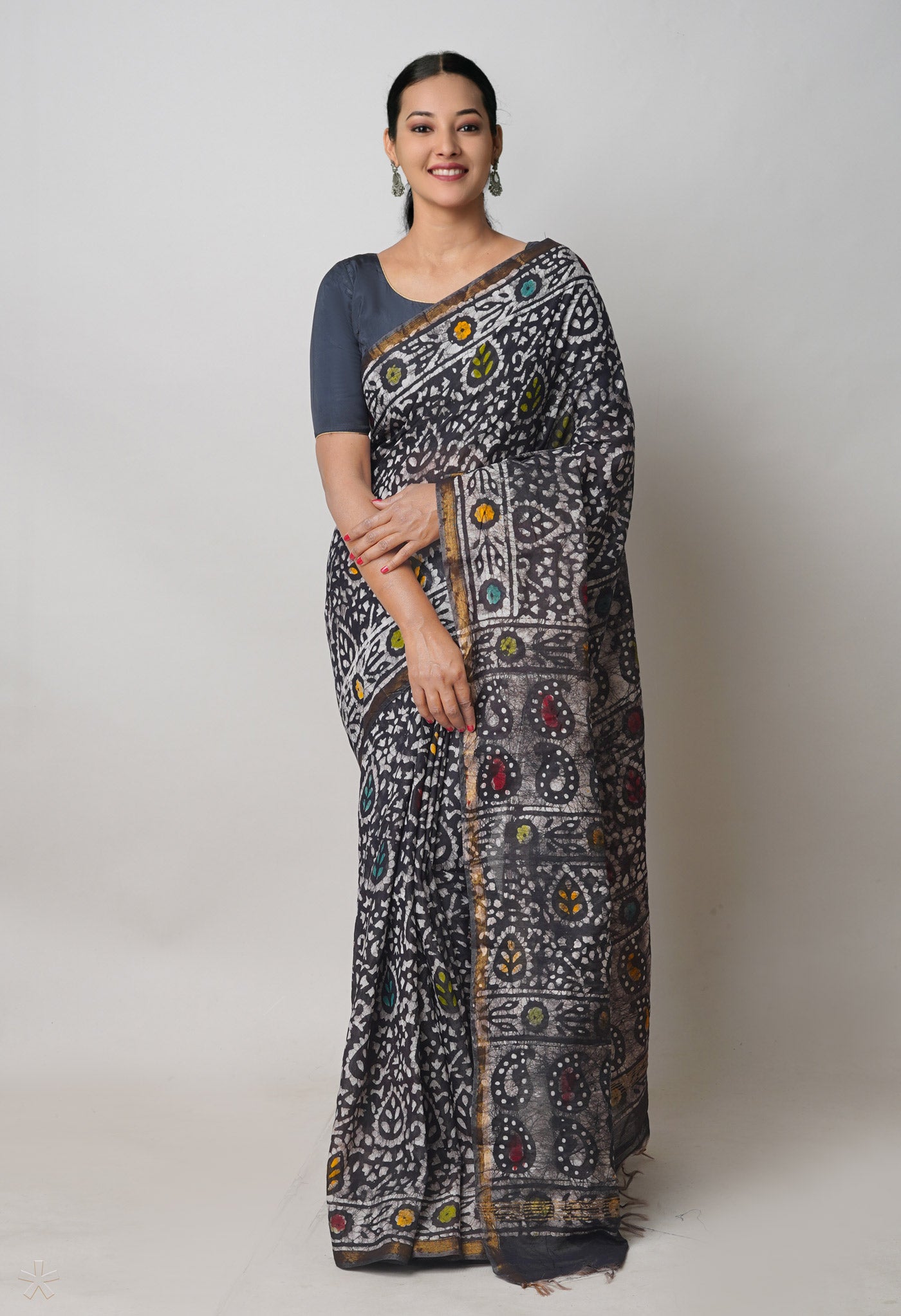 Black Hand Block Printed Chanderi Sico Saree