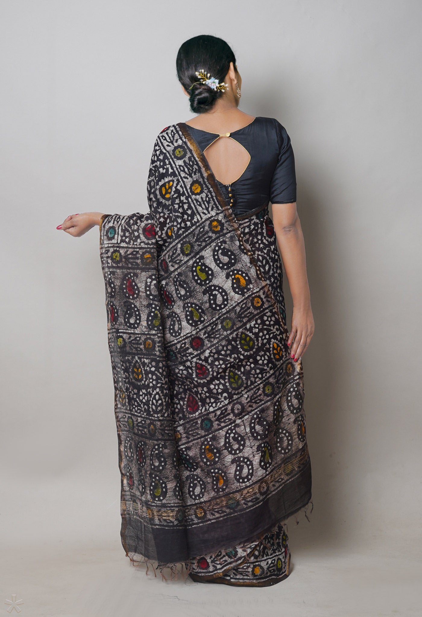 Black Hand Block Printed Chanderi Sico Saree