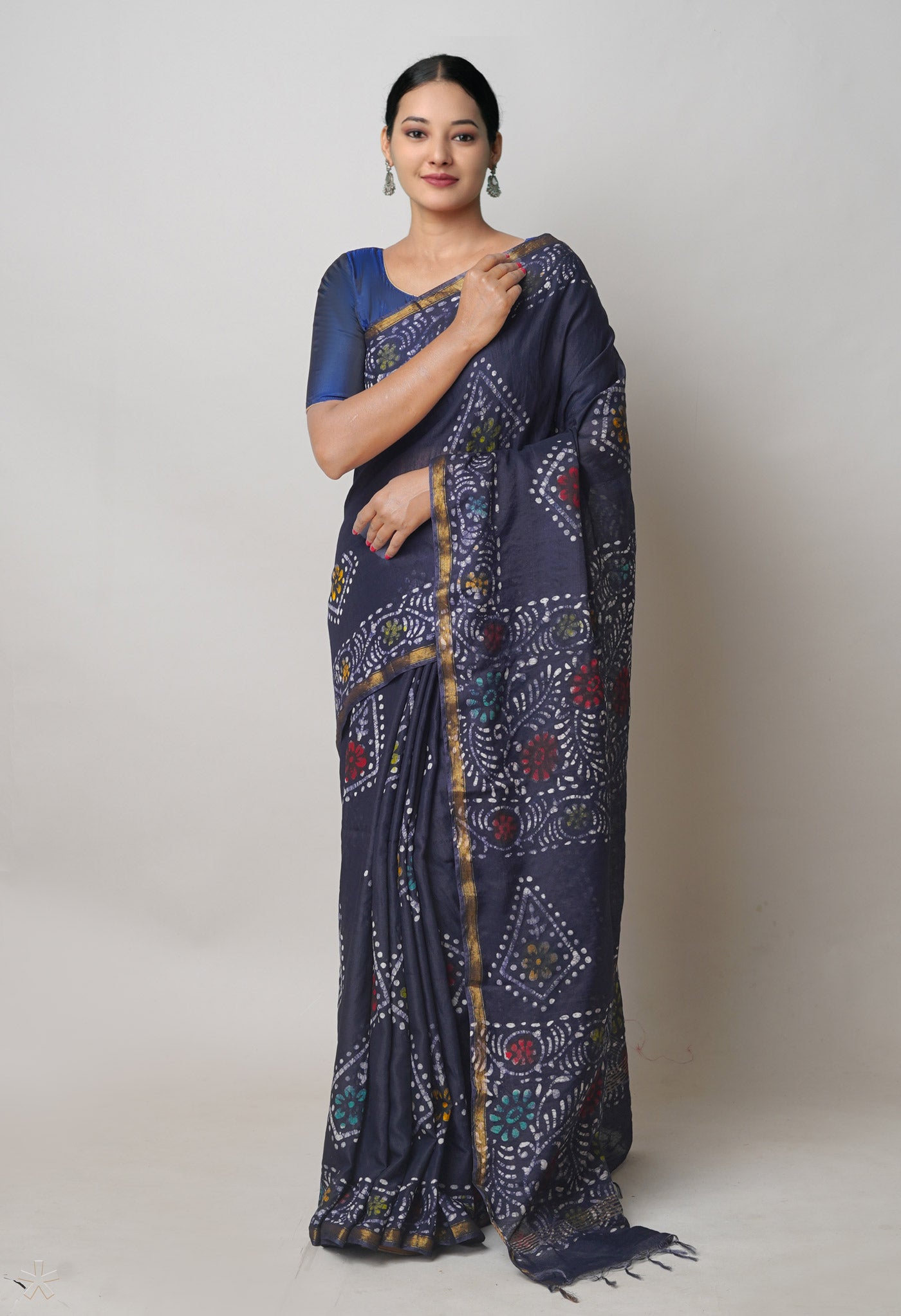 Navy Blue Hand Block Wax Batik Printed Mercerized Chanderi Sico Saree