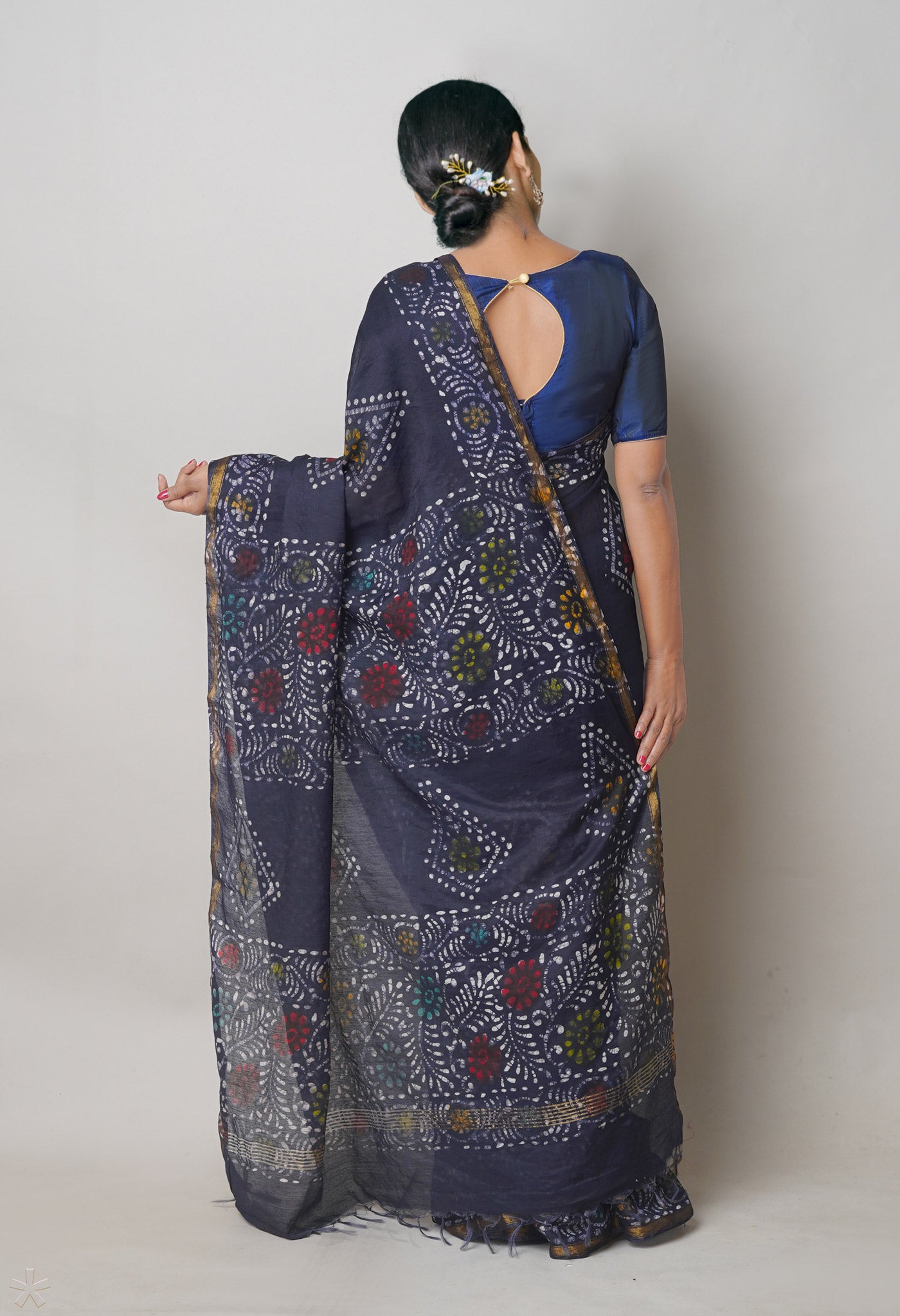 Navy Blue Hand Block Wax Batik Printed Mercerized Chanderi Sico Saree