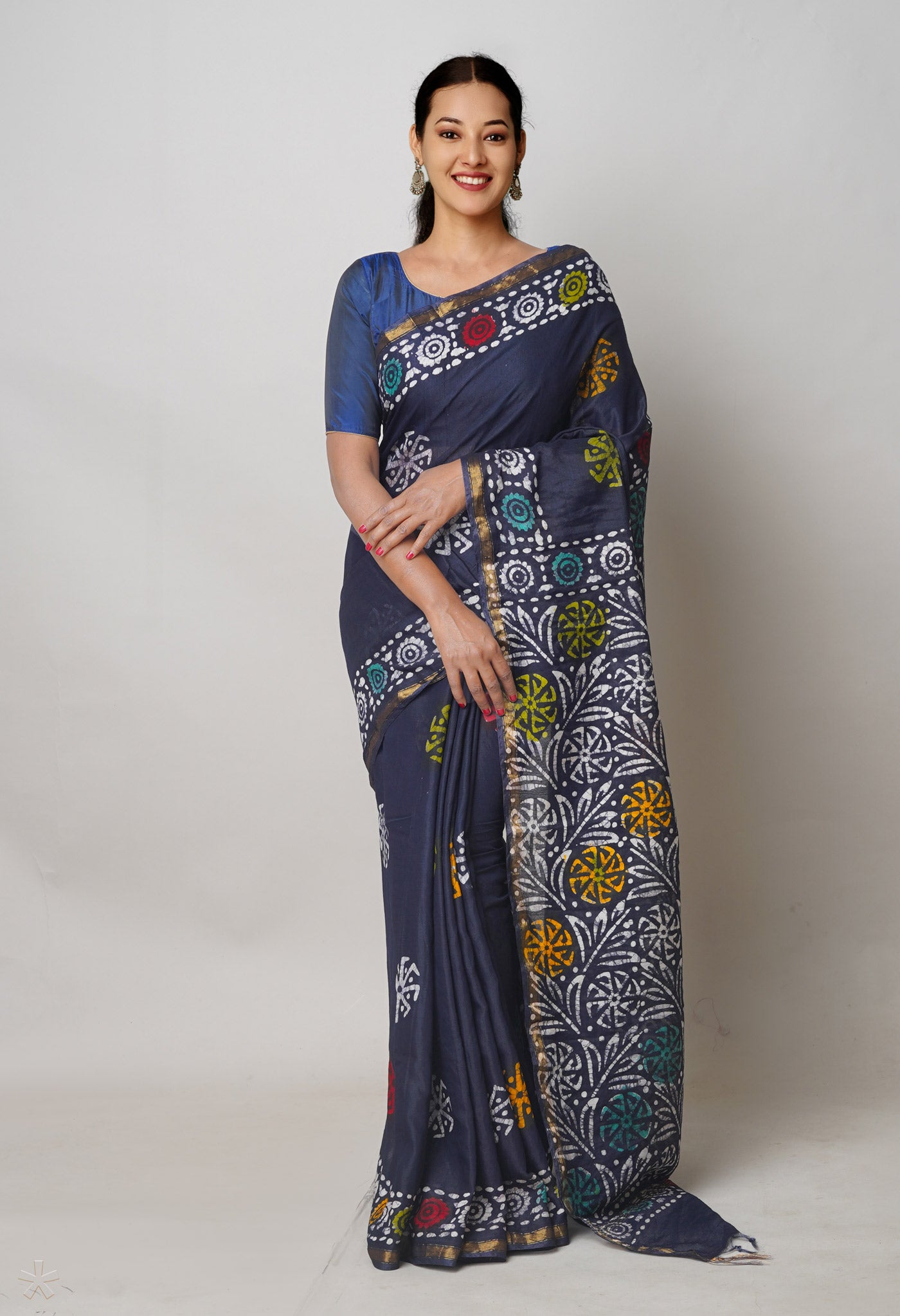 Navy Blue Hand Block Wax Batik Printed Mercerized Chanderi Sico Saree