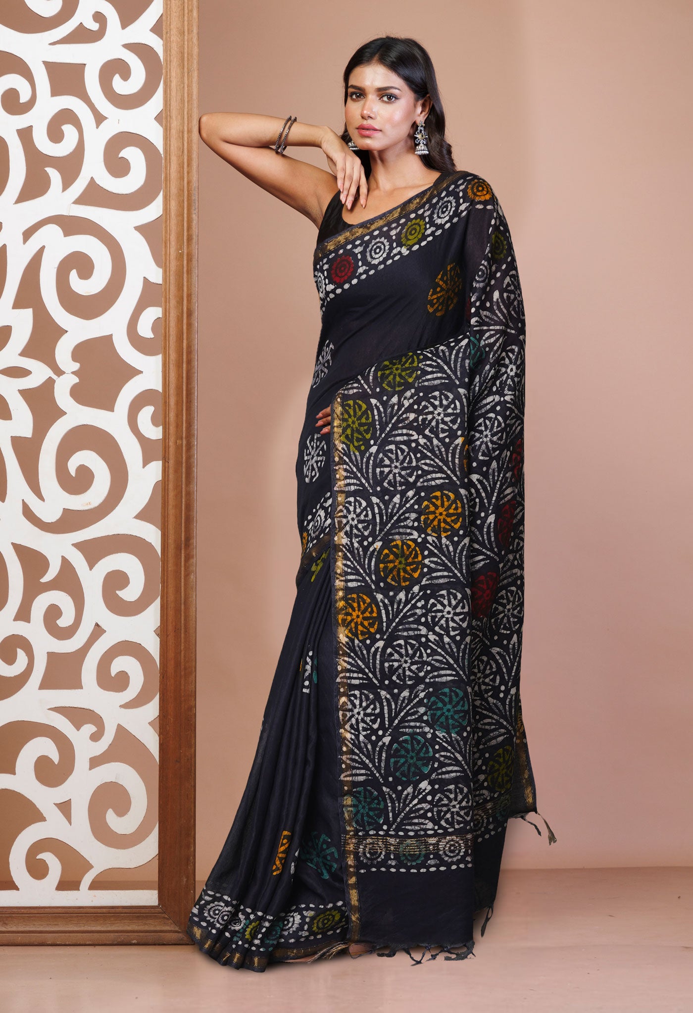 Navy Blue Hand Block Wax Batik Printed Mercerized Chanderi Sico Saree-UNM74692