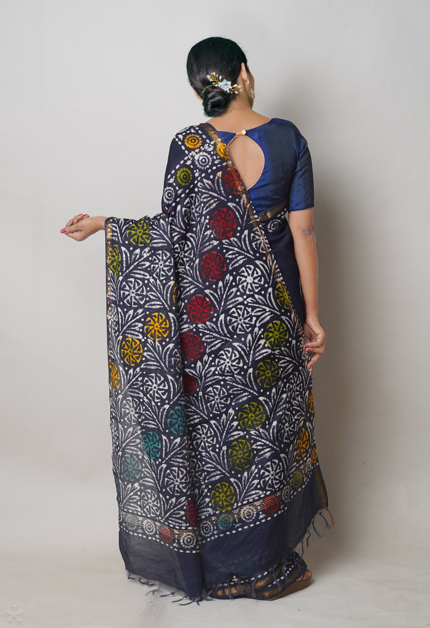 Navy Blue Hand Block Wax Batik Printed Mercerized Chanderi Sico Saree