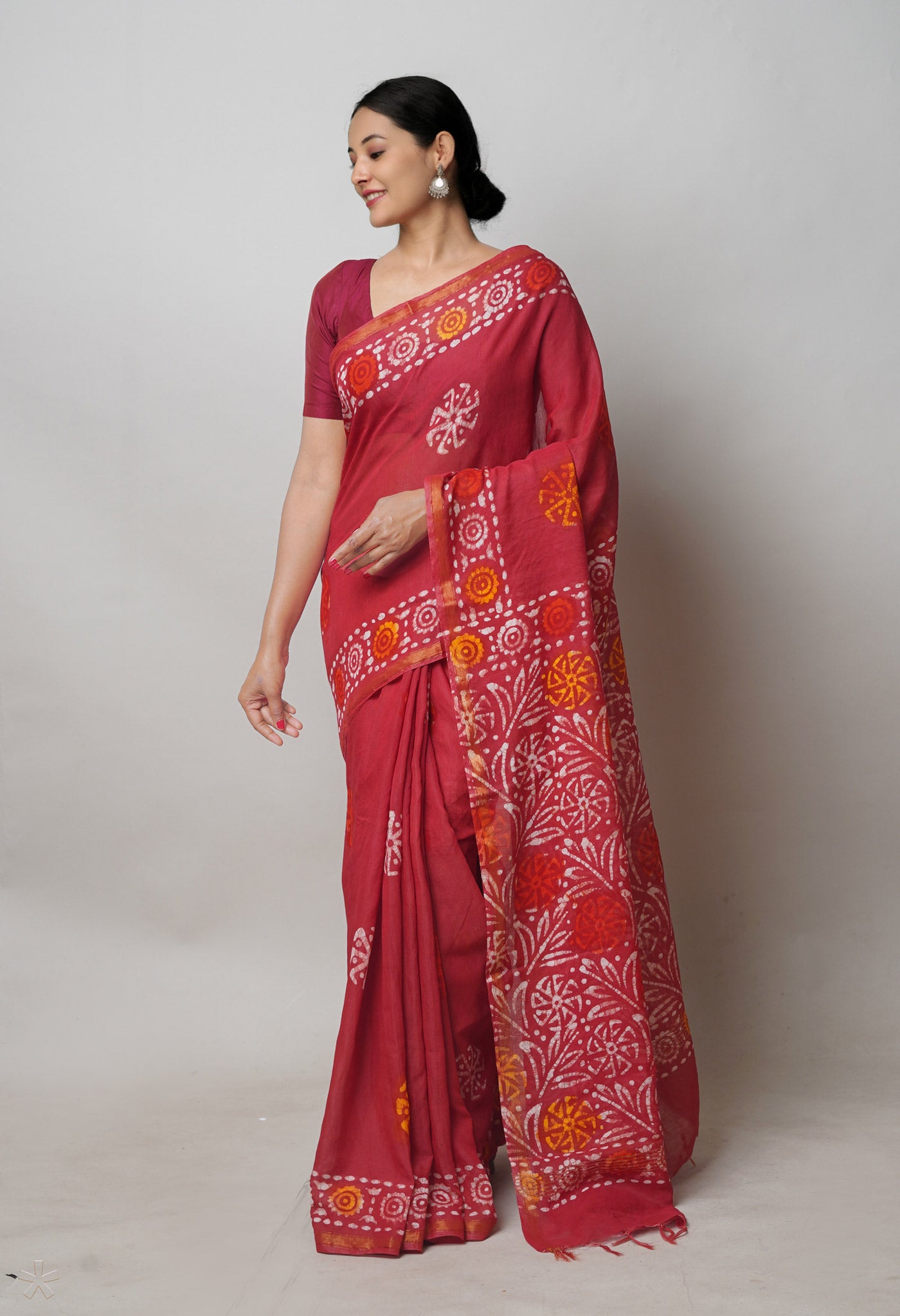 Red Batik Printed Chanderi Sico Saree