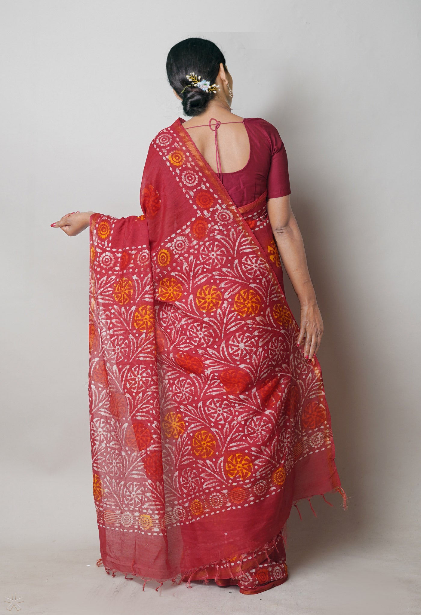 Red Batik Printed Chanderi Sico Saree