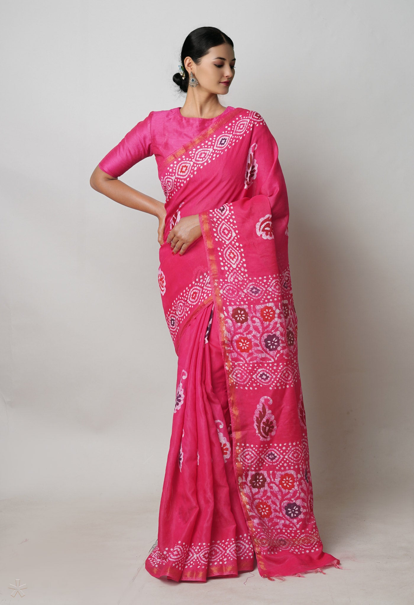 Pink Hand Block Wax Batik Printed Mercerized Chanderi Sico Saree