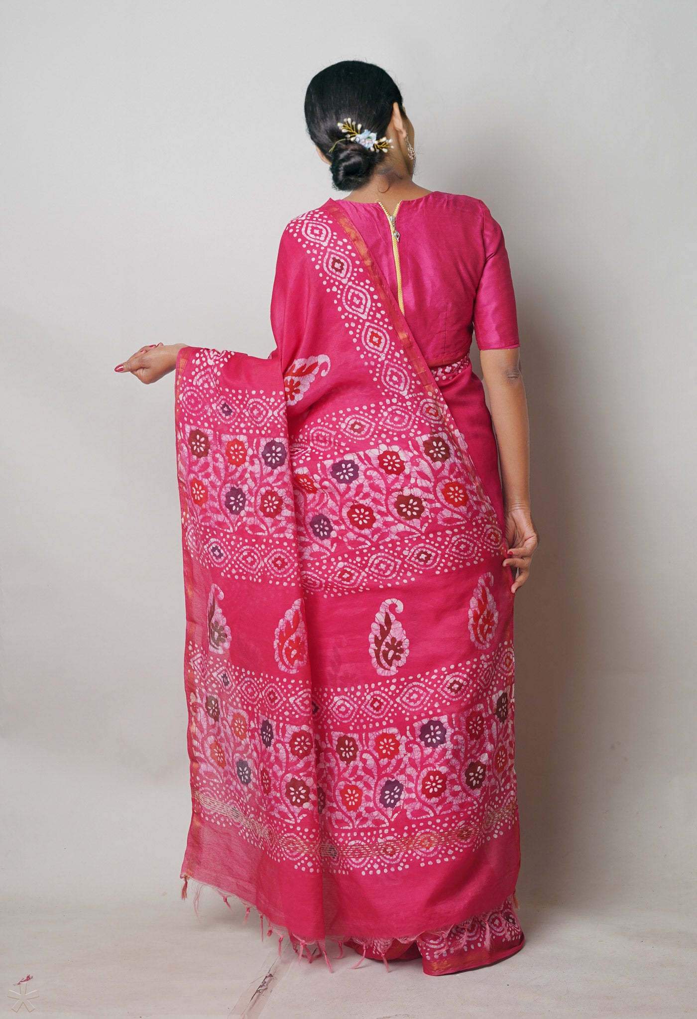 Pink Hand Block Wax Batik Printed Mercerized Chanderi Sico Saree